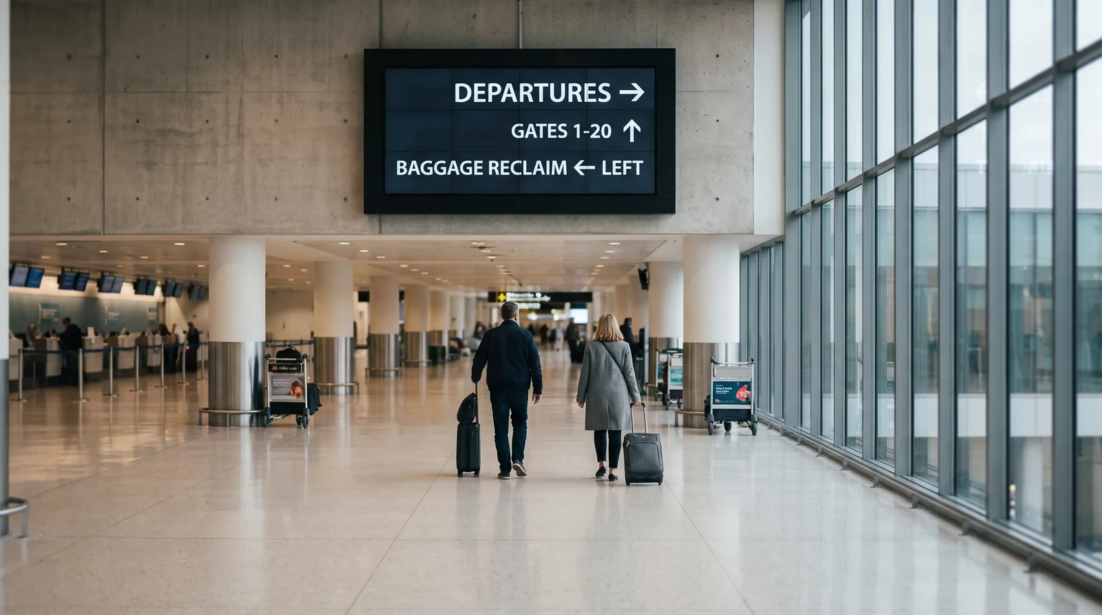 Travellers with wheeled cases walking through an airport terminal concourse under a large digital wayfinding screen reading departures, gates 1-20 and baggage reclaim with directional arrows