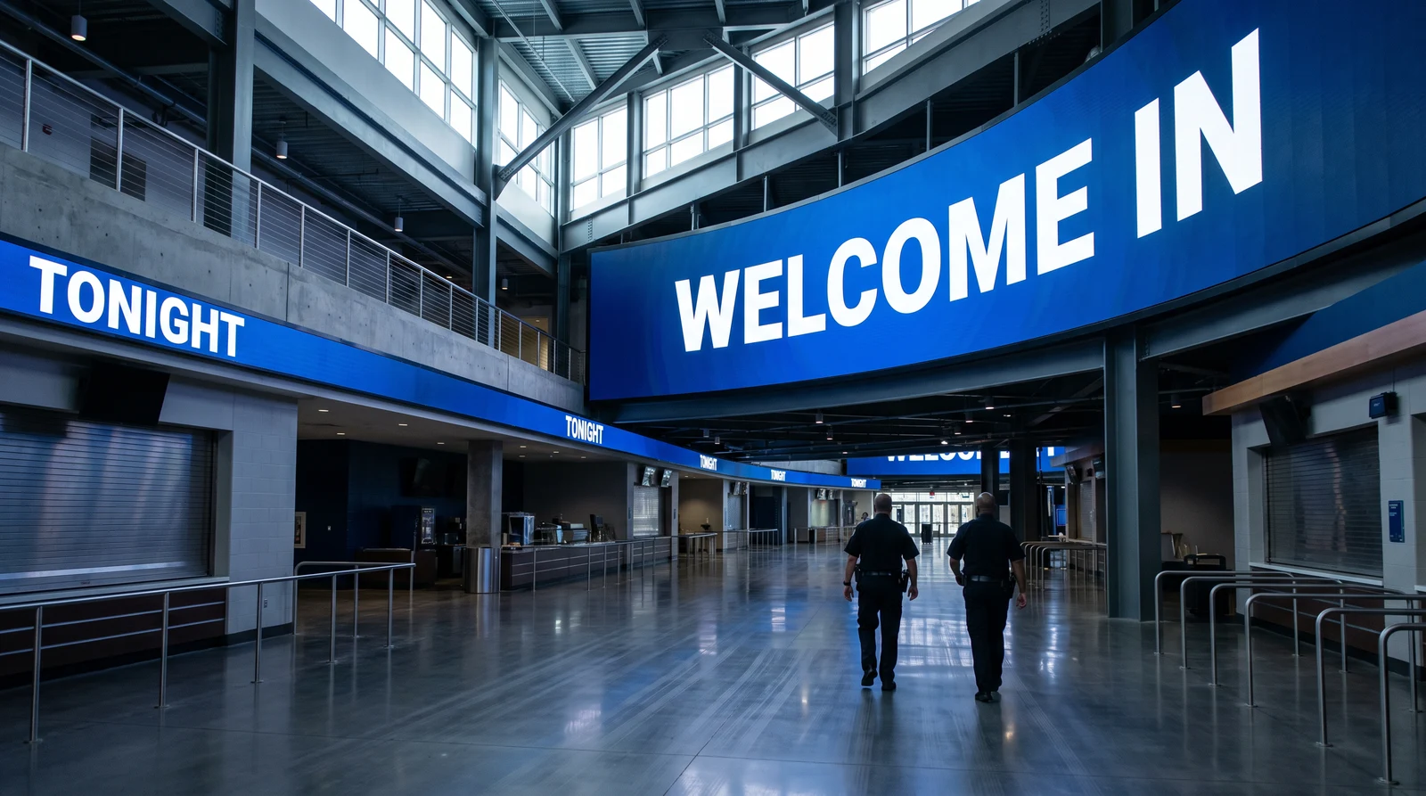 Huge curved LED video wall and LED ribbon boards showing a short welcome message across an arena concourse
