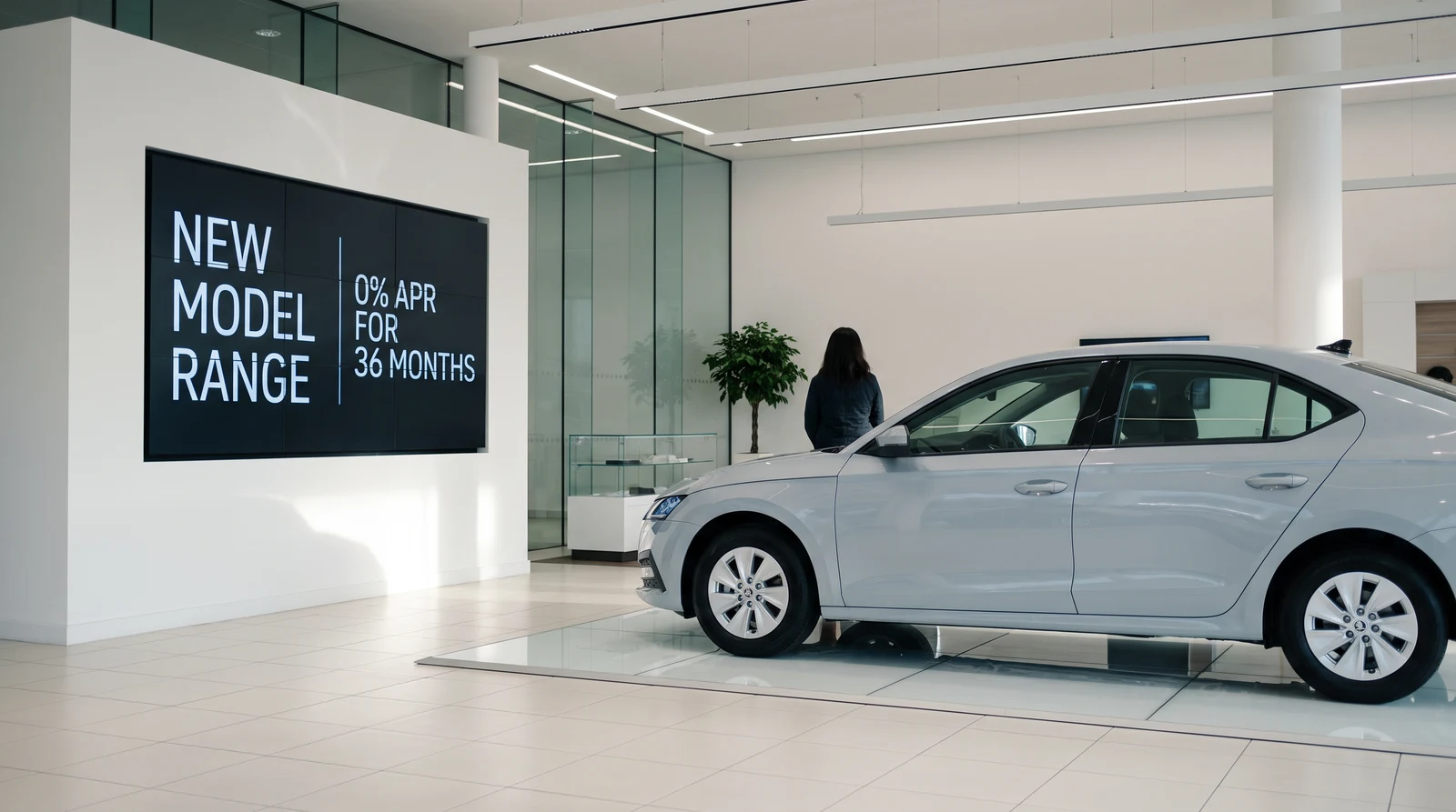 Bright car dealership showroom with a large wall-mounted digital display showing a new model range finance offer beside a car on a display plinth
