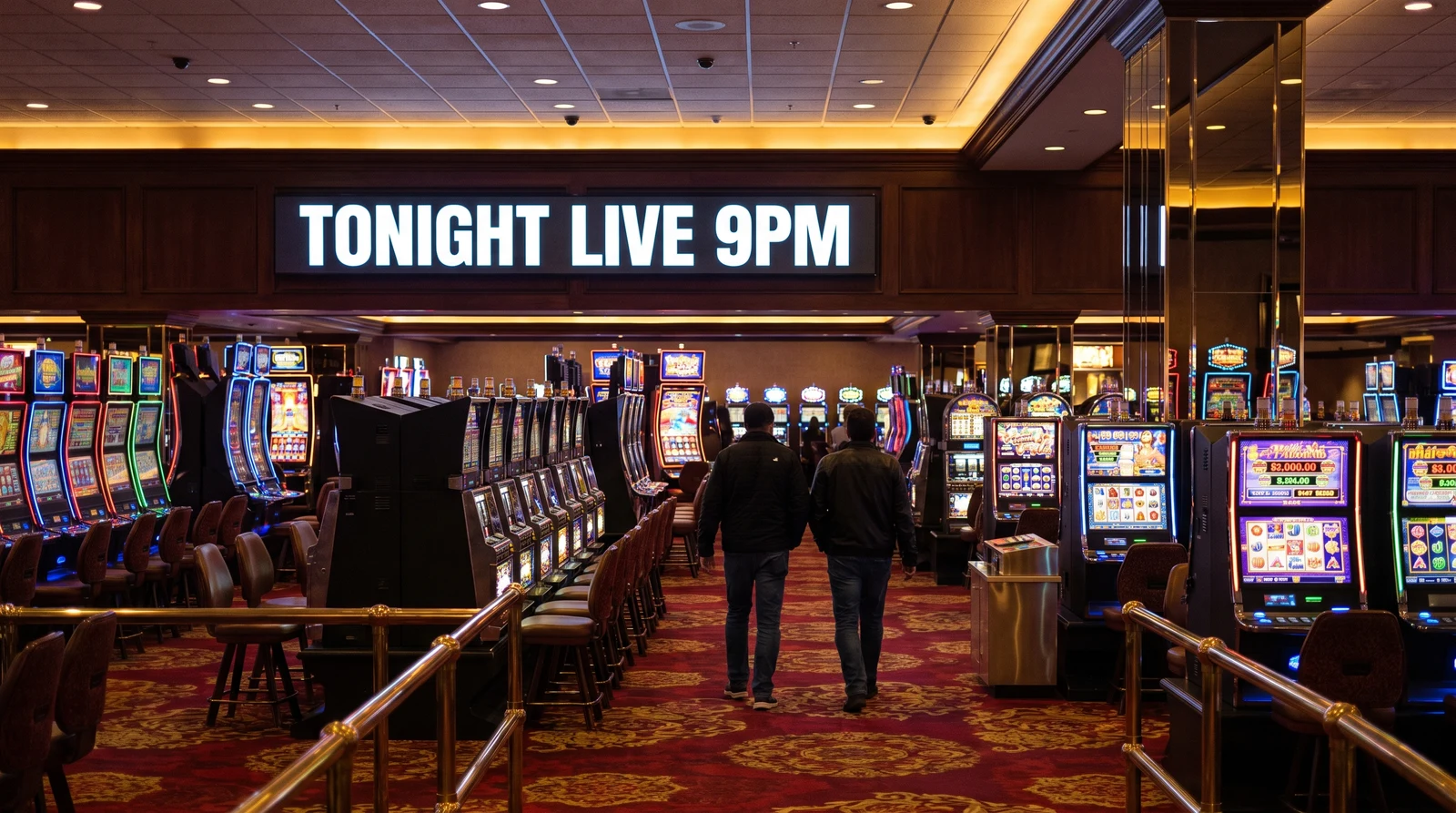 Large promotional screen above rows of slot machines on a casino gaming floor at night