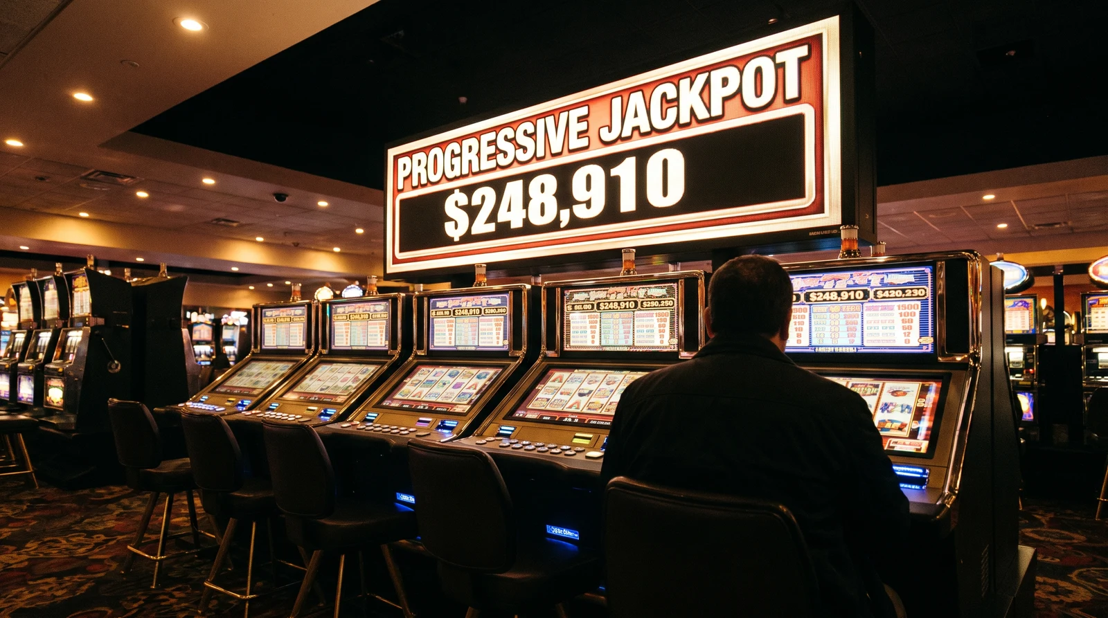 Overhead jackpot board showing a live progressive jackpot total above a bank of slot machines