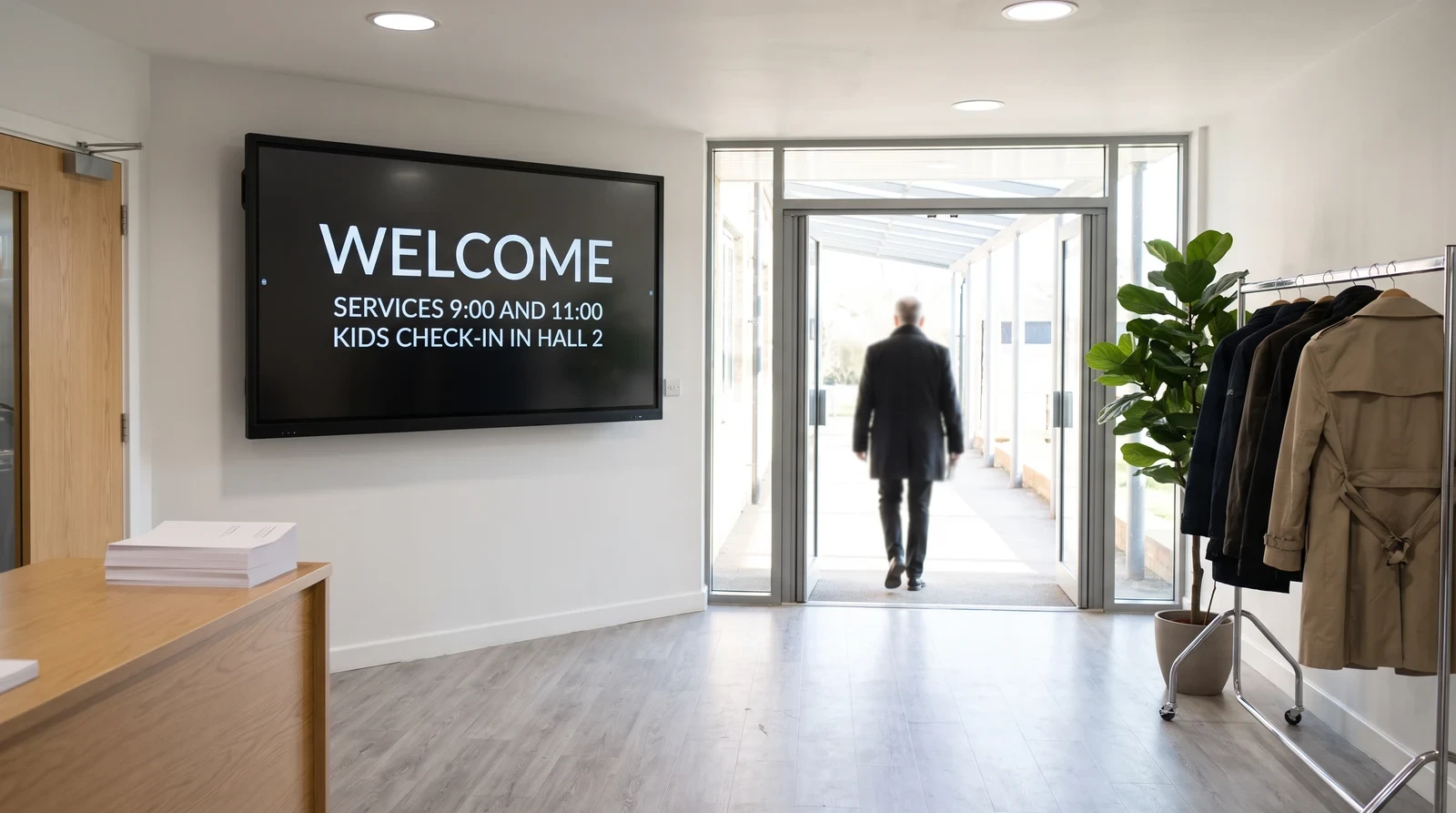 Church foyer welcome screen showing service times and kids’ check-in beside the entrance doors
