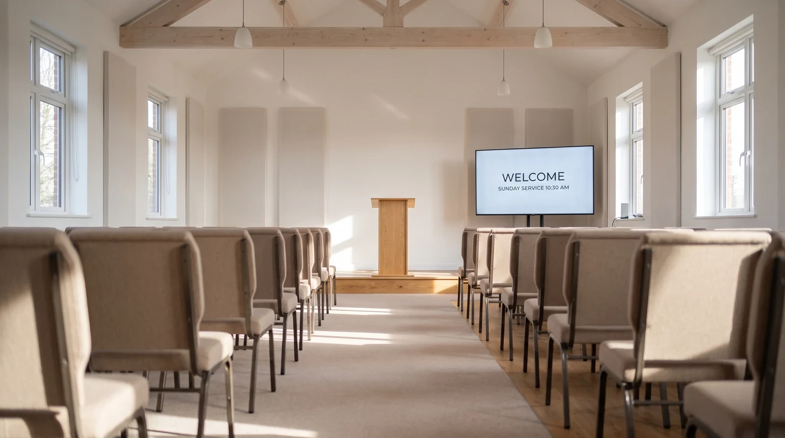 Church worship hall with rows of chairs and a wall-mounted screen showing a welcome message and Sunday service time