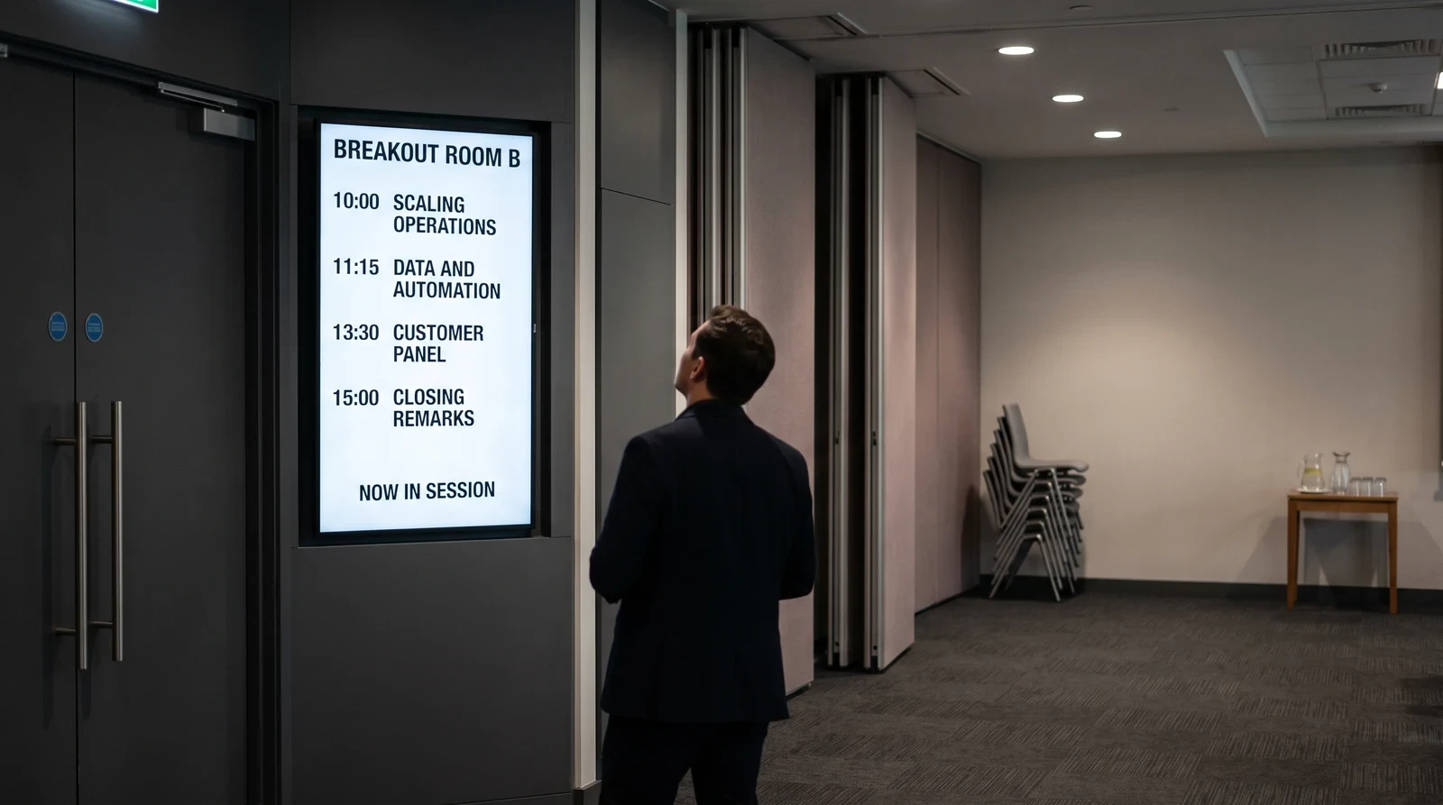 Screen outside a conference breakout room showing the session schedule with times and talk titles