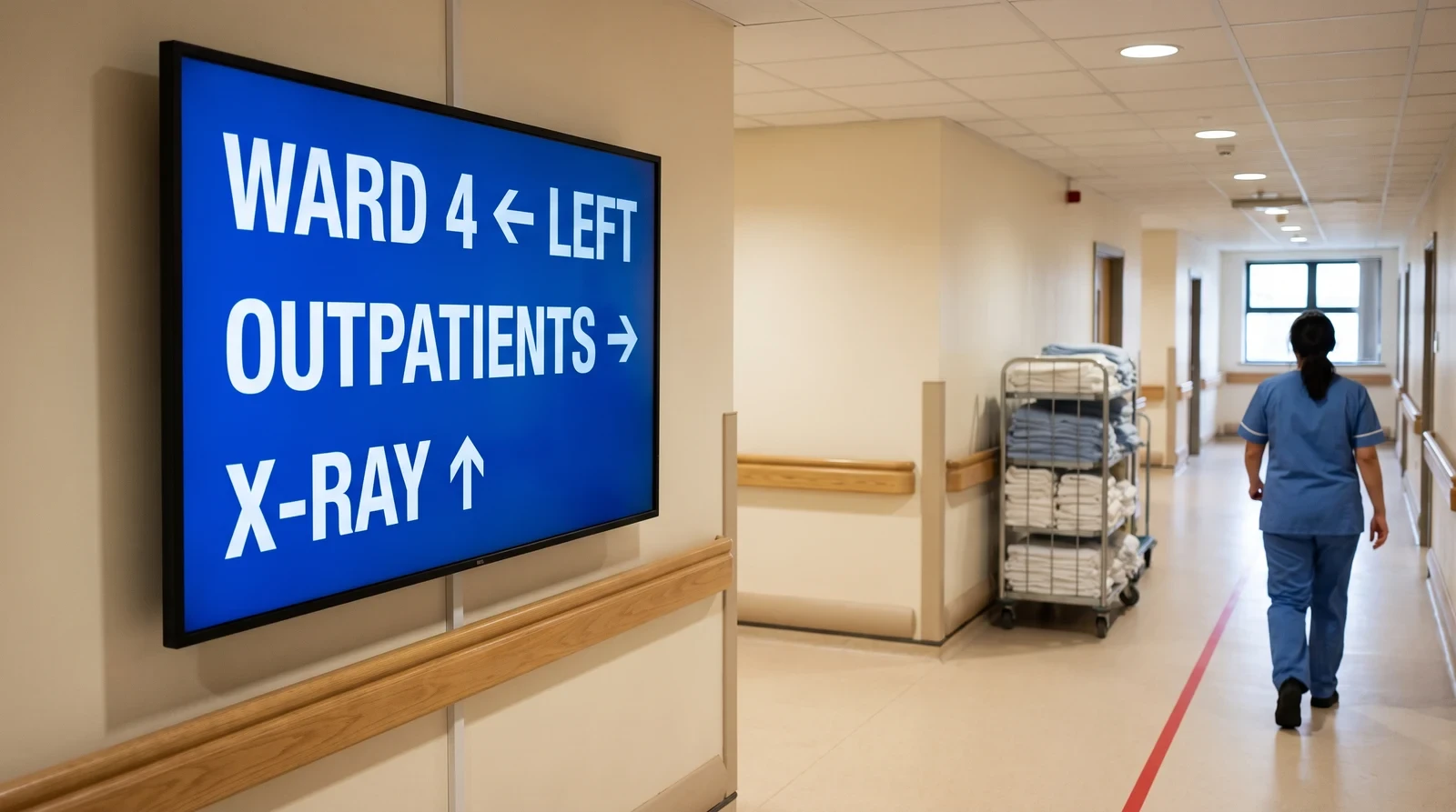 Wall-mounted digital wayfinding screen in a hospital corridor showing directions to ward 4, outpatients and X-ray, with a nurse walking away down the corridor