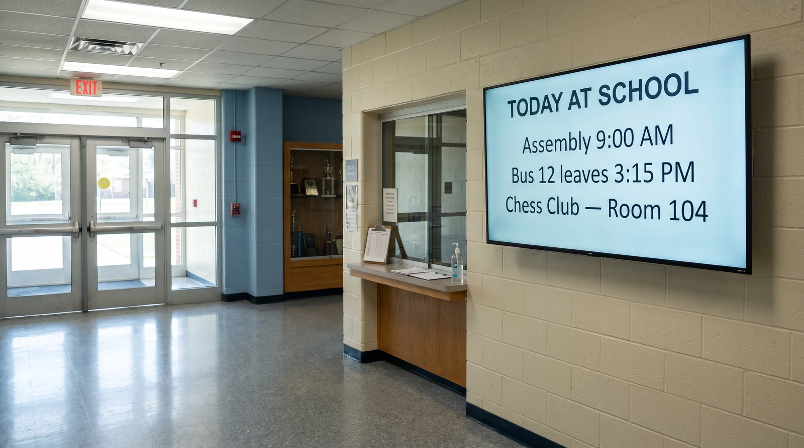 Screen in a K-12 school entrance foyer beside the front office showing the day’s announcements
