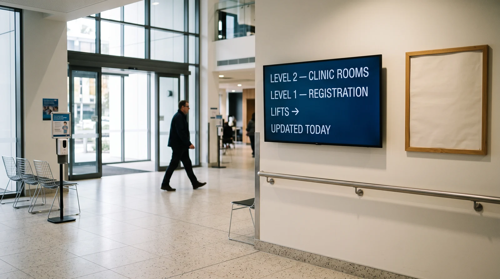 Digital directory screen listing floors in a medical centre entrance foyer, next to an empty printed noticeboard frame
