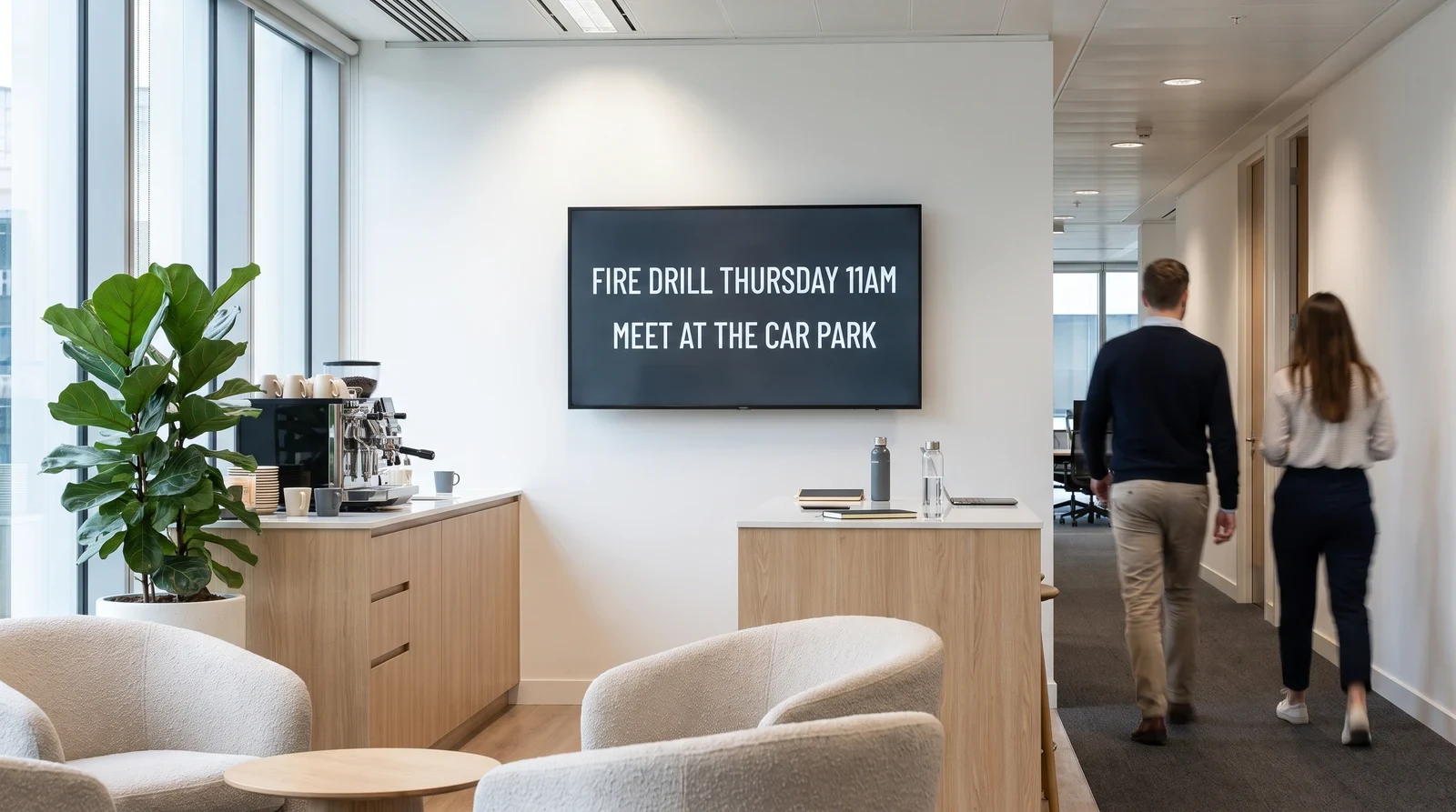 Wall-mounted screen in a bright office breakout area used as a digital notice board, showing a fire drill announcement as colleagues walk past