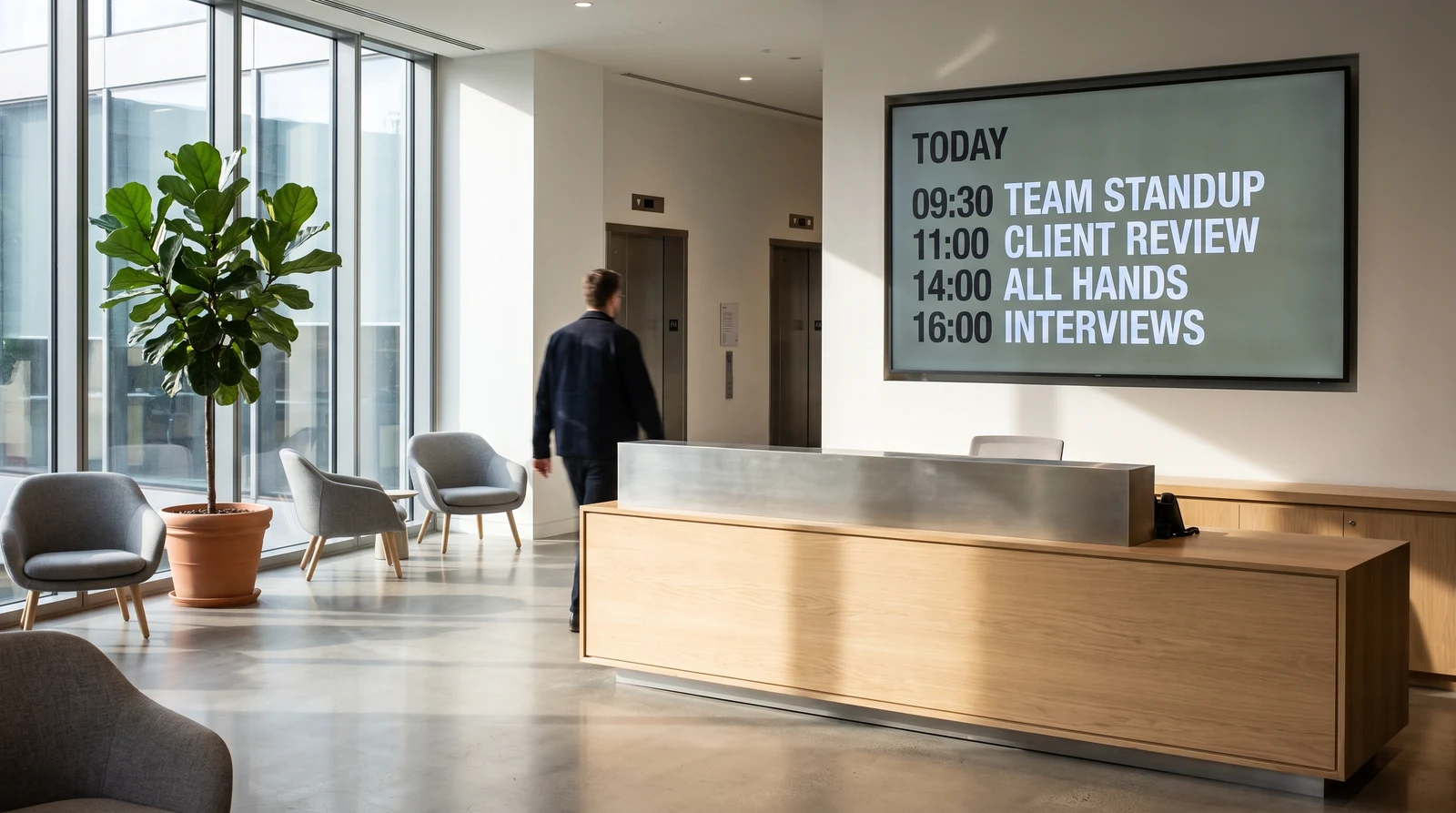 Wall-mounted screen beside an office reception desk listing today’s meetings and events with times, as a colleague walks towards the lifts