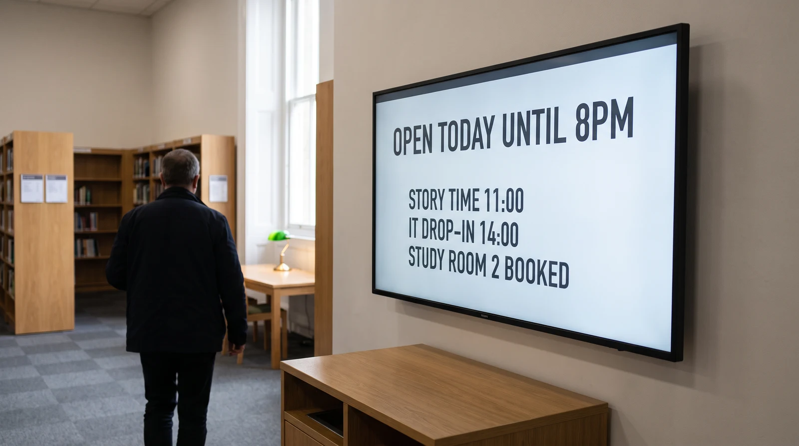 Wall-mounted information screen in a public library foyer showing today's opening hours and session times as a visitor walks past the stacks