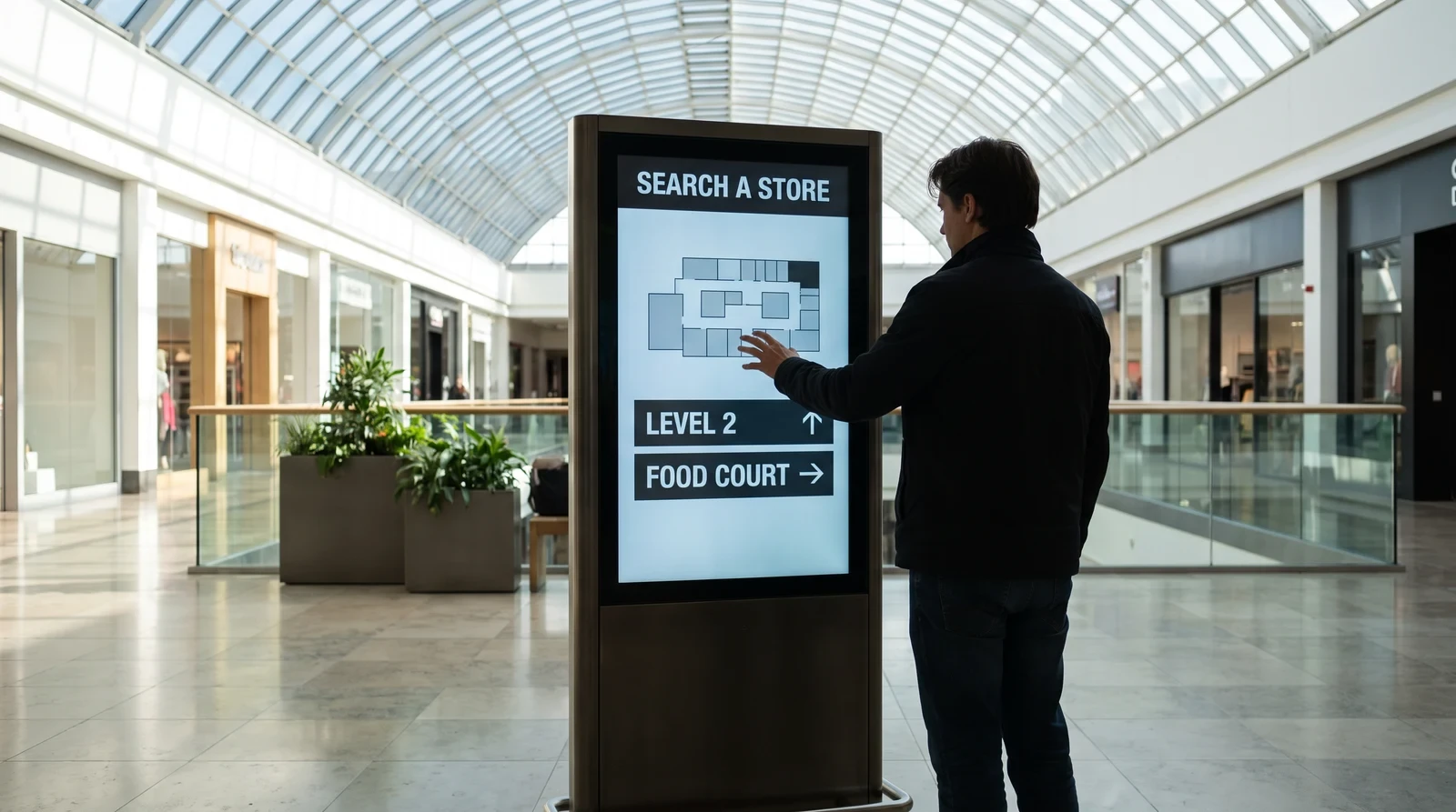 Visitor touching a freestanding interactive wayfinding kiosk in a shopping centre mall, the portrait screen showing a store search, a floor plan and directions to level 2 and the food court