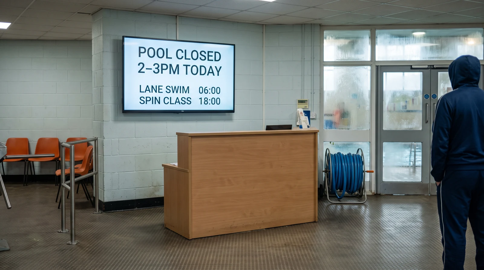 Information screen above a sports centre reception desk showing a same-day pool closure and today's session times
