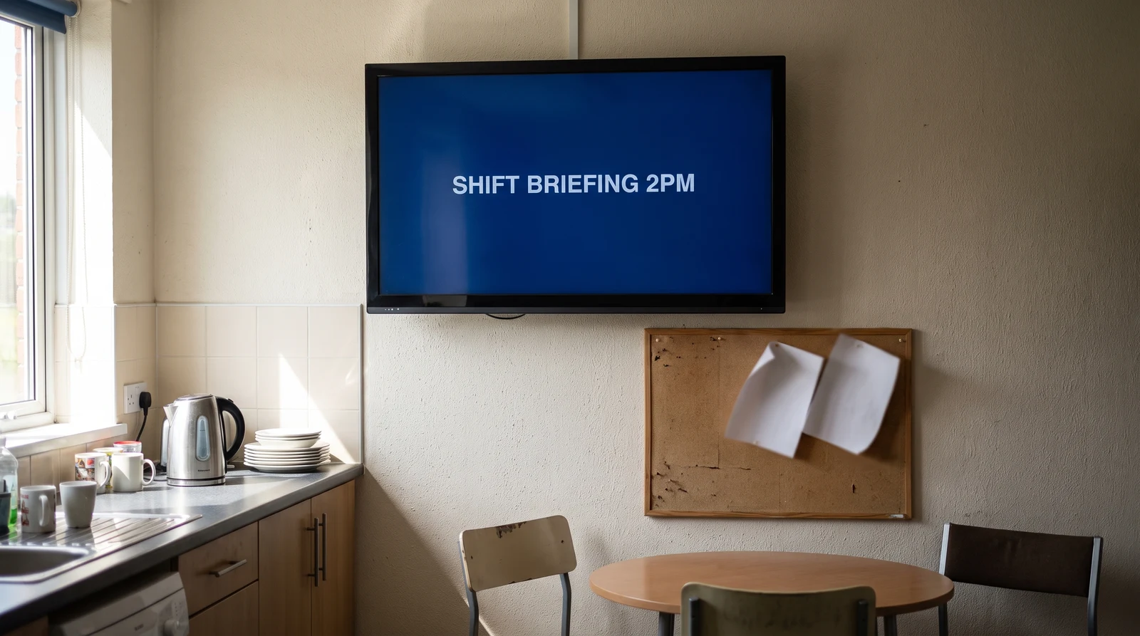 Staff break room where a wall-mounted screen shows a shift briefing notice beside an old cork pin-board with curling blank sheets of paper