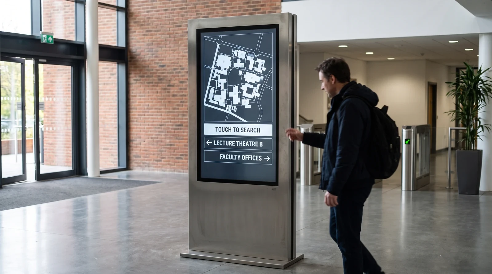 Interactive campus directory totem in a university foyer guiding a student to a lecture theatre and faculty offices