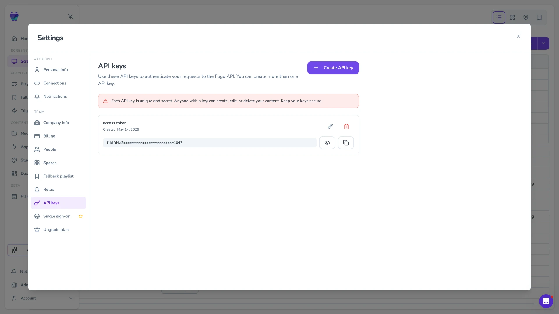 Fugo CMS API keys settings tab for authenticating programmatic access