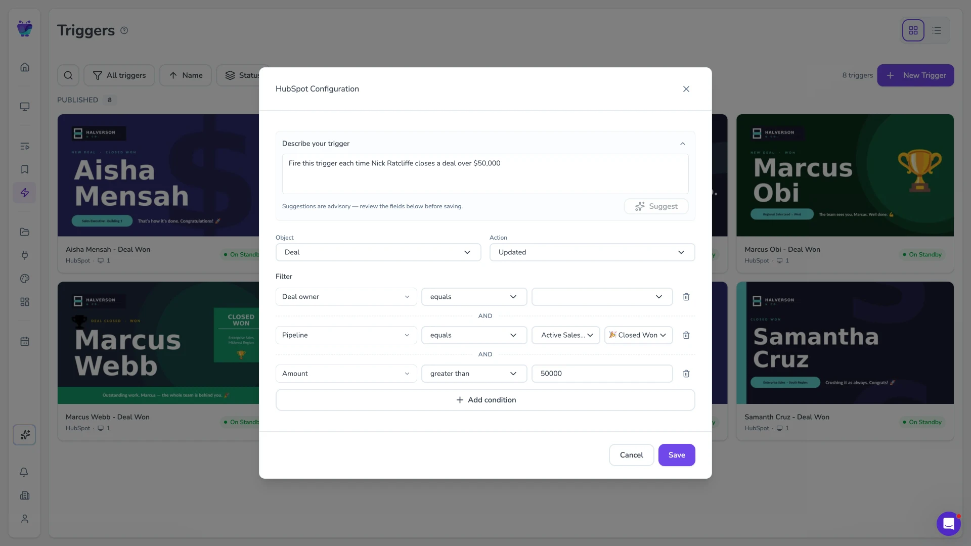 New trigger configuration in Fugo CMS with a HubSpot AI filter written in natural language