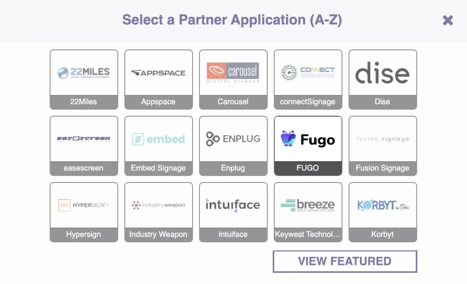 Fugo listed as a partner application in the BSN.cloud store during BrightSign device setup
