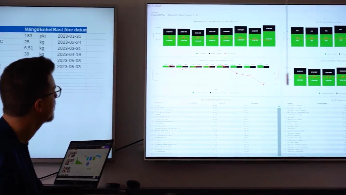 Supply chain operations room with large display showing order tracking and supplier performance dashboards