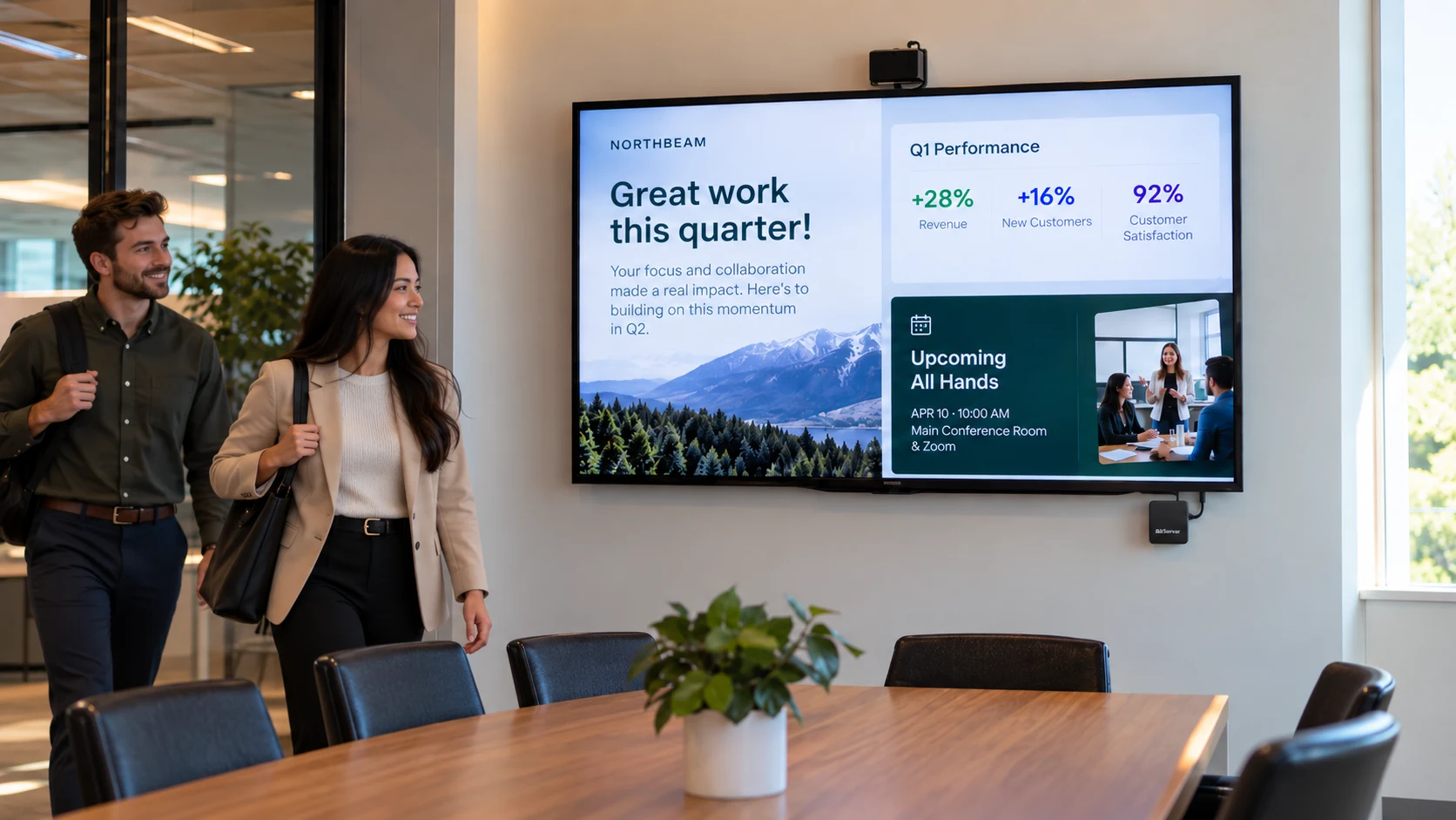 A shared display in AirServer digital signage mode showing Fugo workplace content