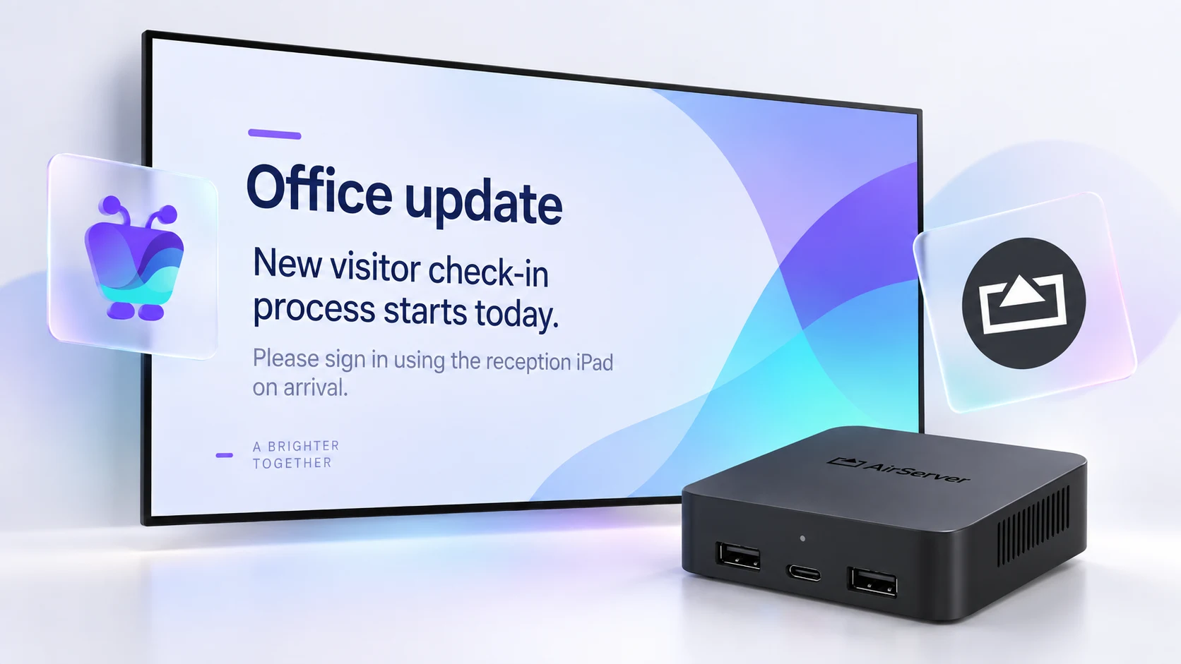 Meeting room display running Fugo signage beside an AirServer receiver between presentations