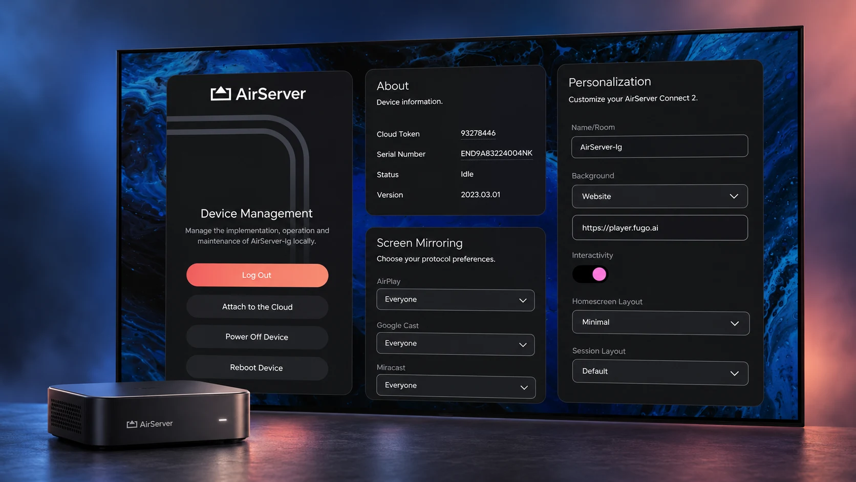AirServer Device Management portal with a Fugo player URL set as the custom background