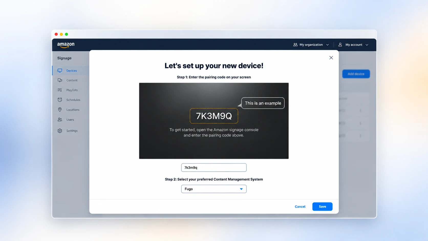 The Amazon Signage console’s new-device setup, entering the pairing code shown on screen and selecting Fugo as the content management system