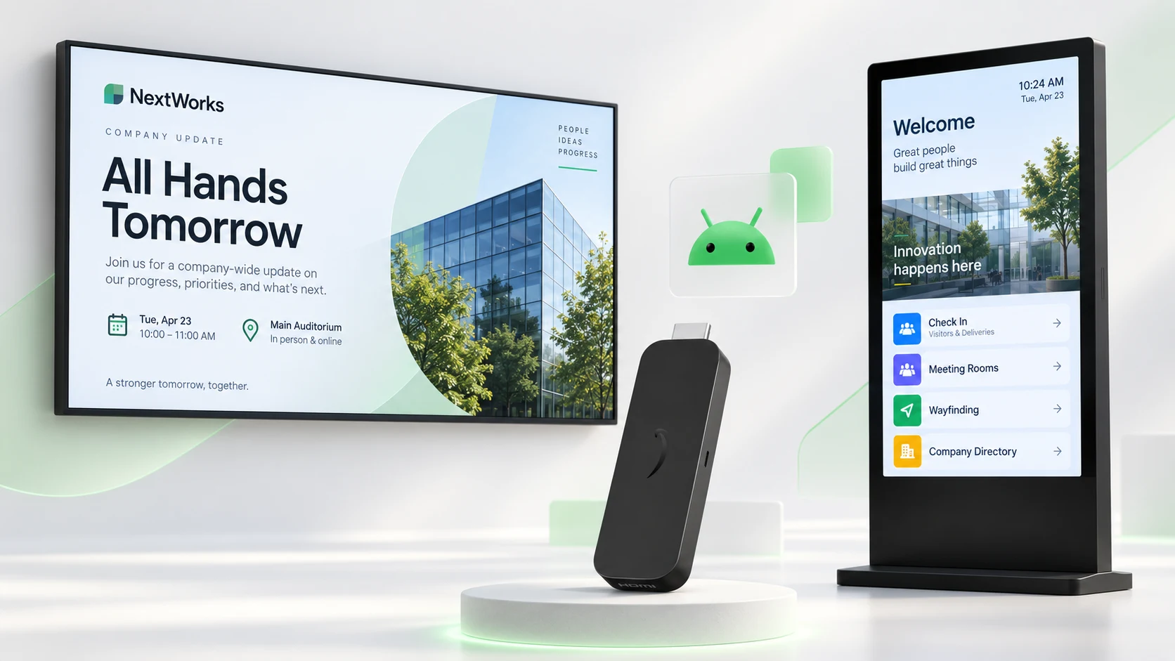 Landscape screen with a company all-hands announcement and a portrait welcome kiosk, beside an Amazon Signage Stick and the Android logo