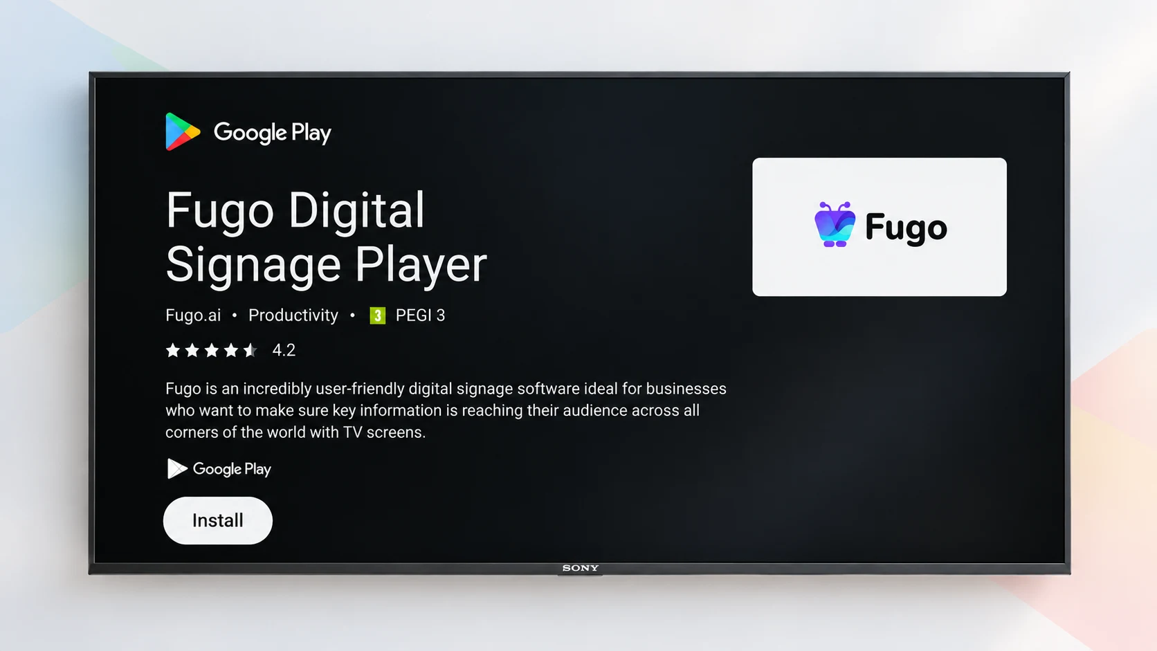 A Sony display open to the Fugo Digital Signage Player listing on Google Play, with an Install button