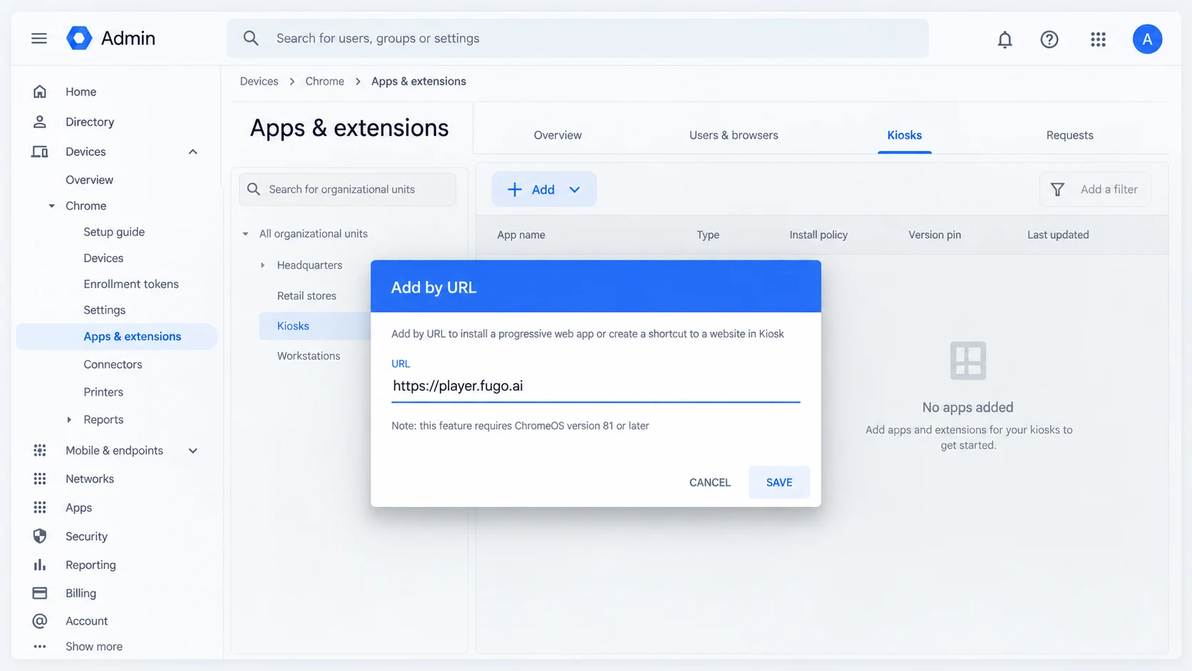 Provisioning Fugo as a kiosk app in the Google Admin console