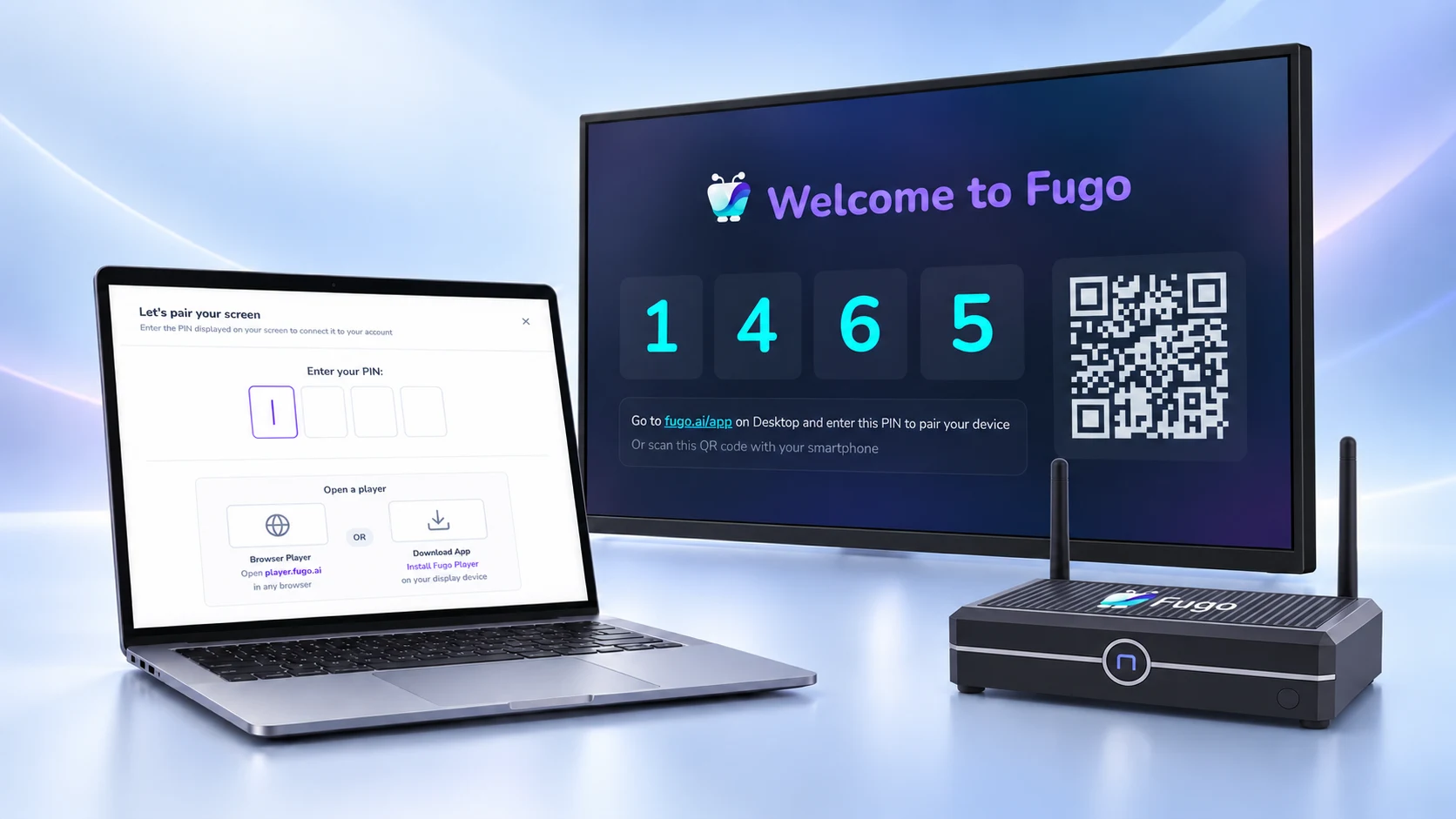 A laptop showing the Fugo CMS pairing modal beside a screen displaying a four-digit Fugo pairing PIN, driven by a Fugo NUC player
