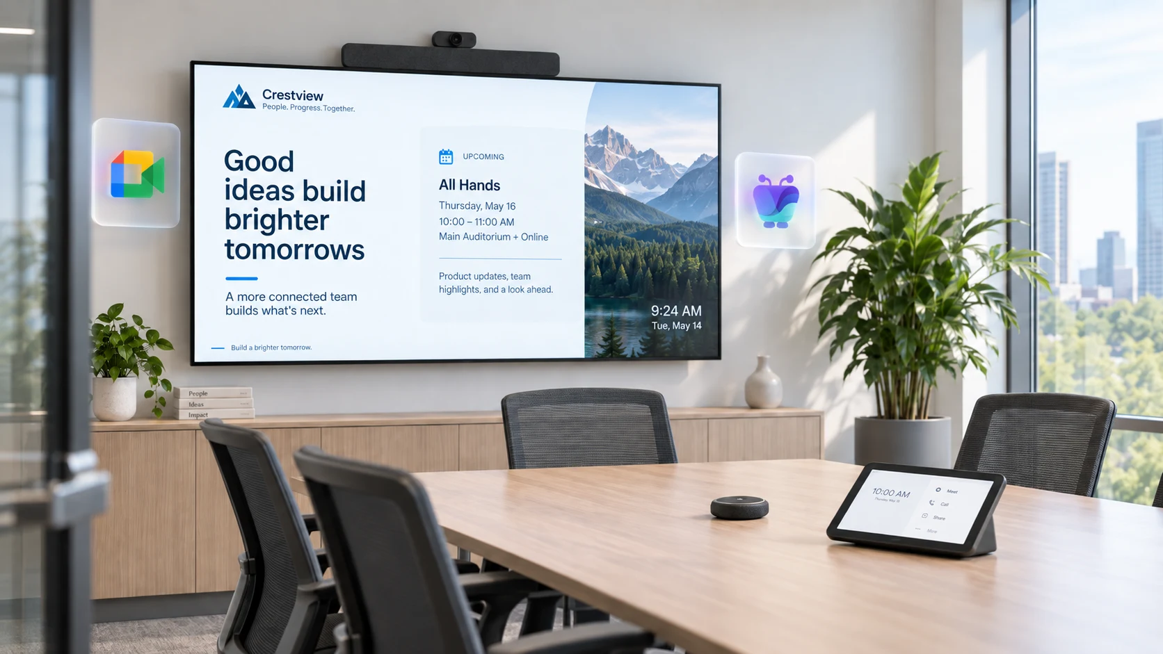 Google Meet room with a display showing workplace content beside a Meet hardware kit