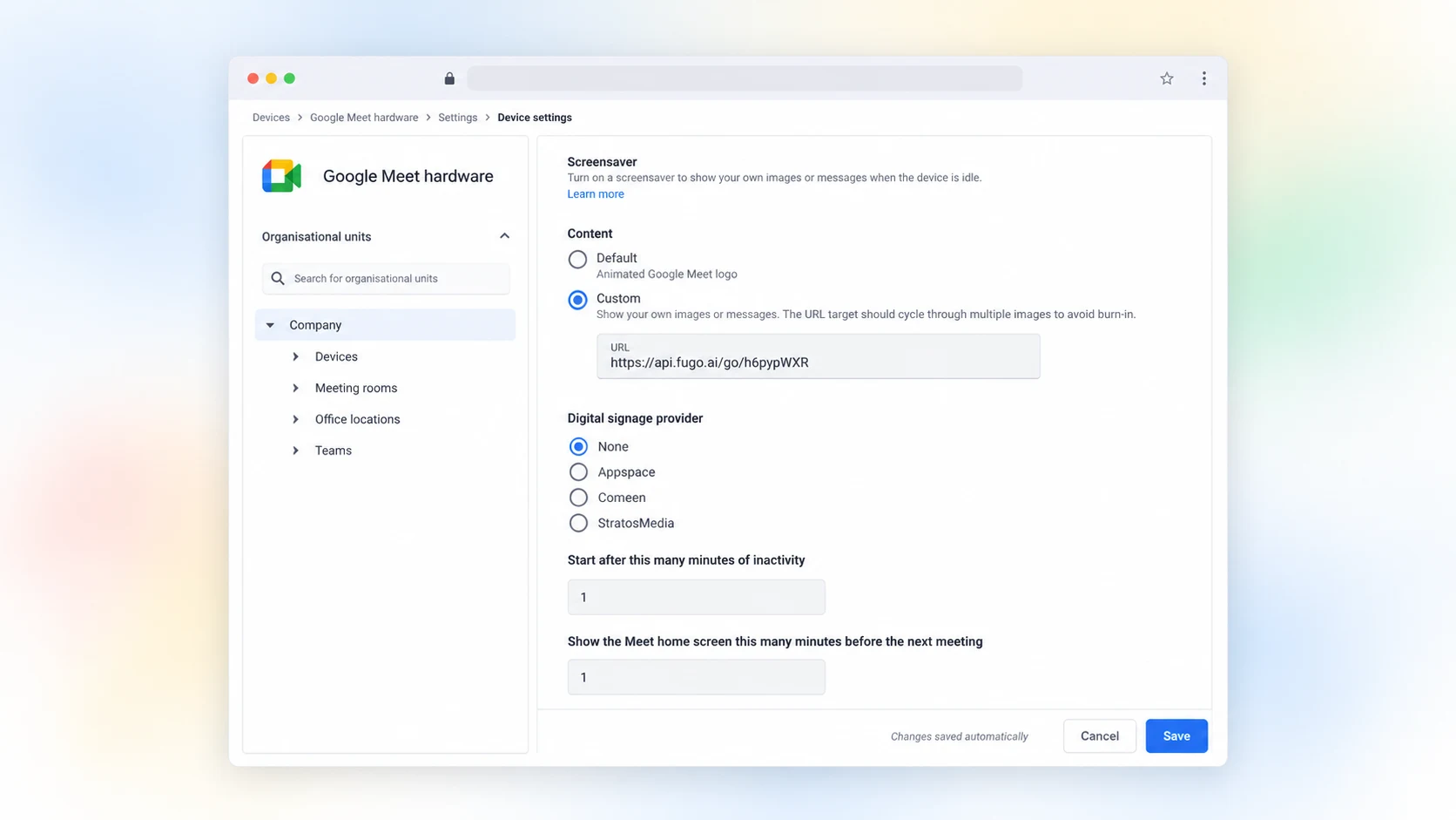 Google Admin screensaver settings with a Fugo virtual screen URL assigned to a Meet device