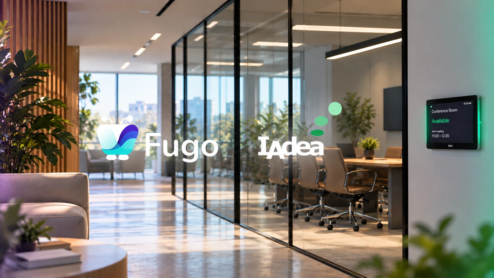 Fugo and IAdea partner logos over a modern office with an IAdea room-booking panel on the wall