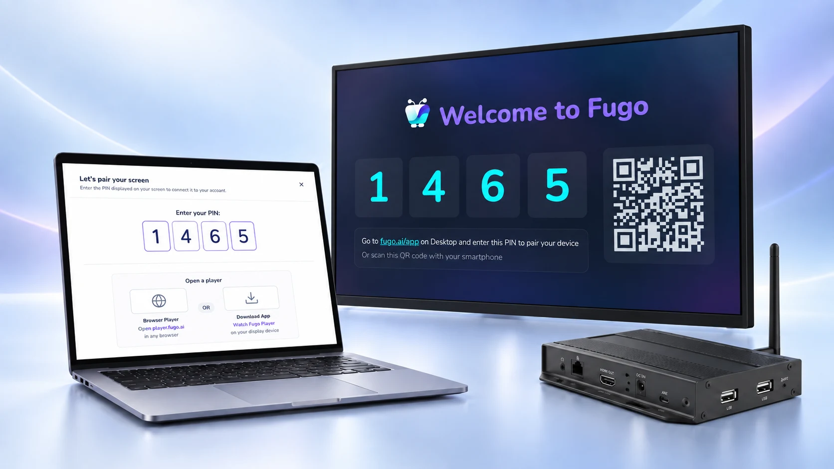 A laptop showing the Fugo screen pairing modal beside a display showing the on-screen PIN and QR code, with an IAdea player alongside