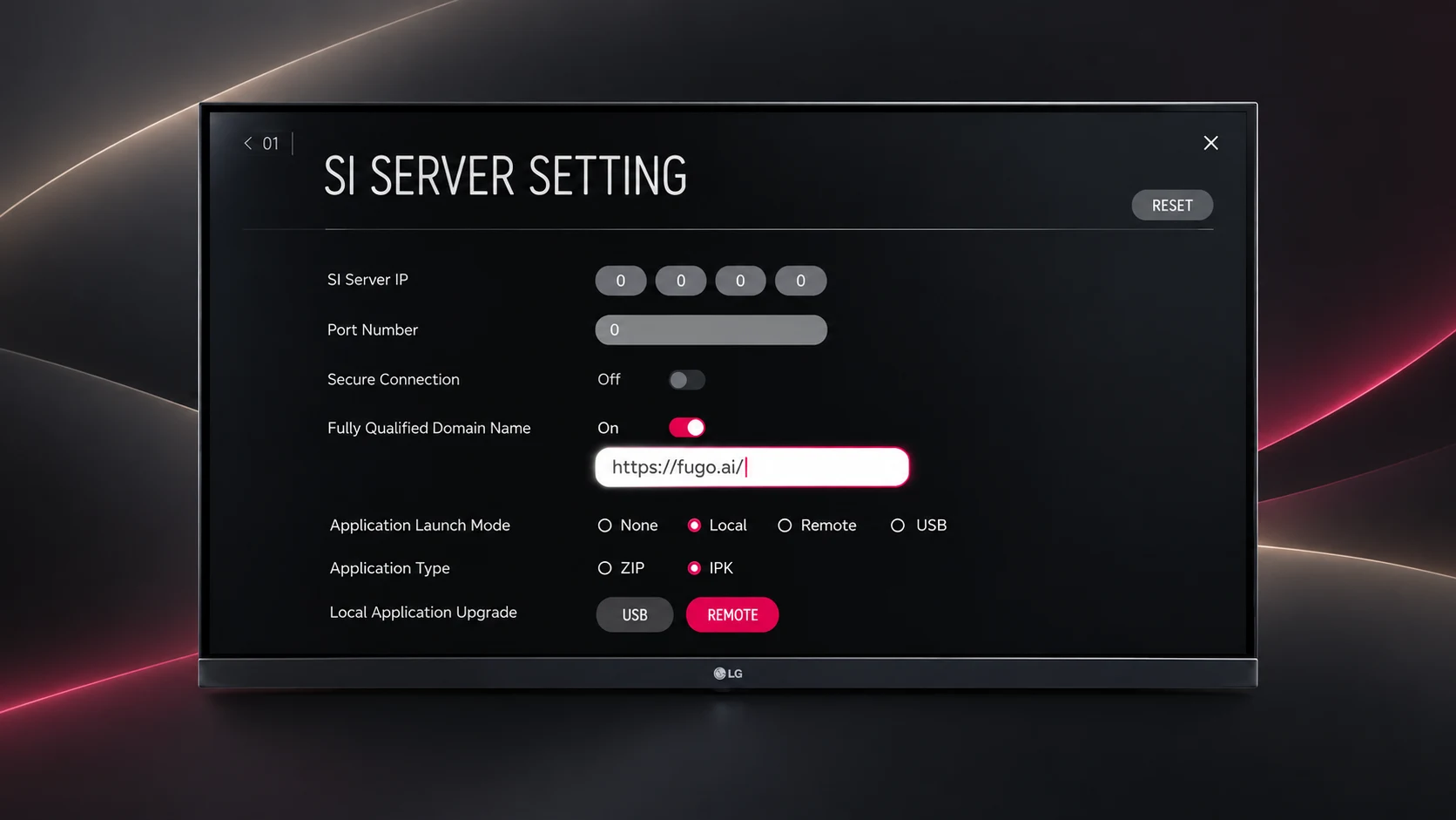 LG webOS Signage display during Fugo setup, with floating cards showing the pairing PIN and remote CMS connection