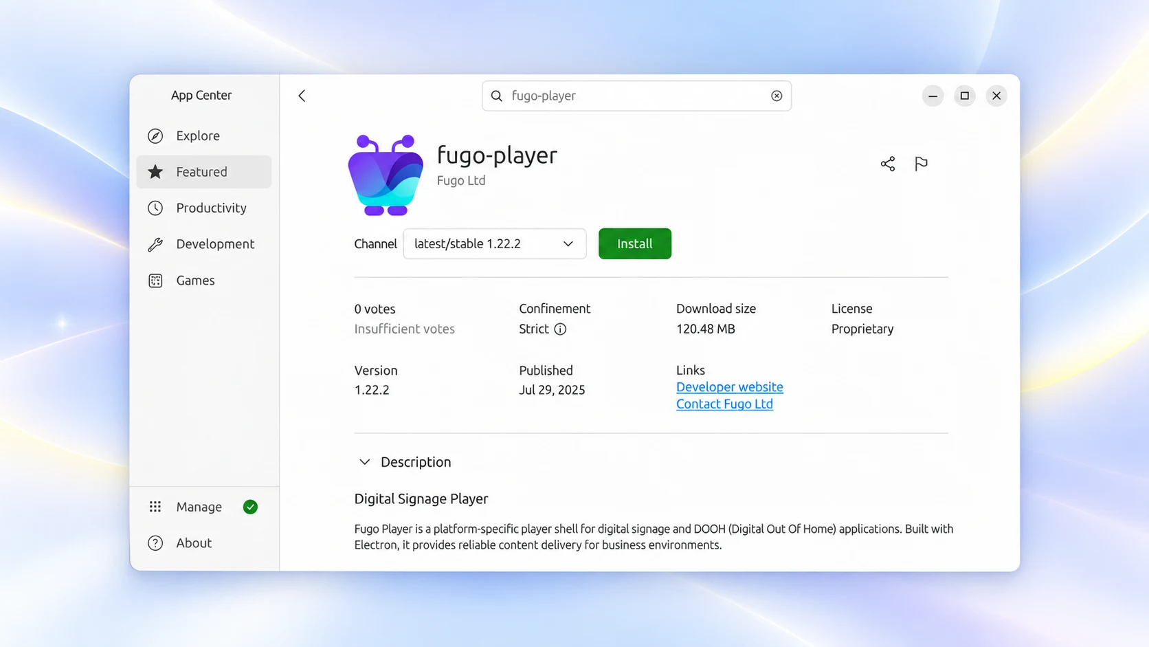 The fugo-player app on the Ubuntu App Center (Snap Store) ready to install on a Linux device