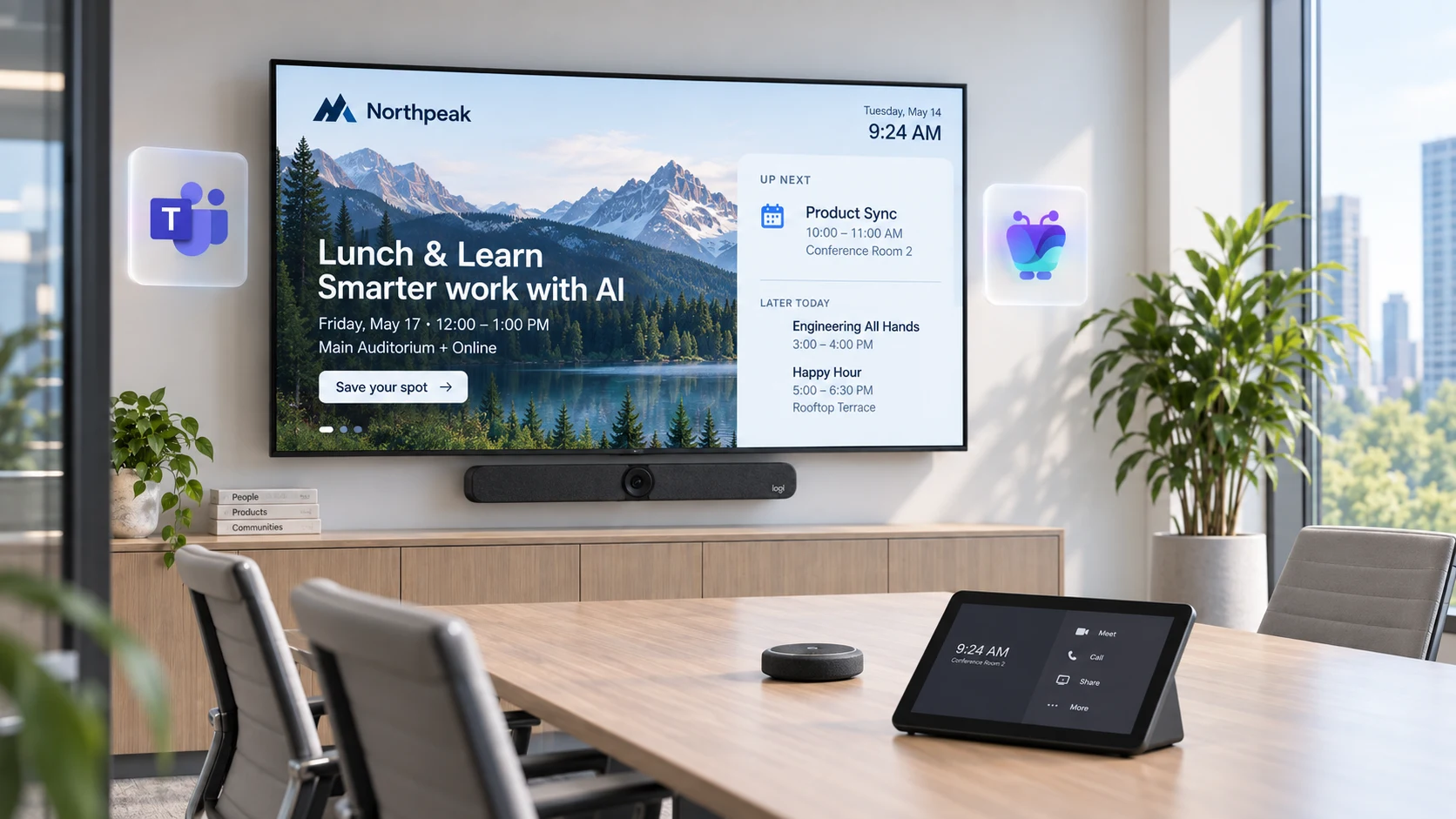 Meeting room with a Teams display showing workplace content, beside a Teams room device