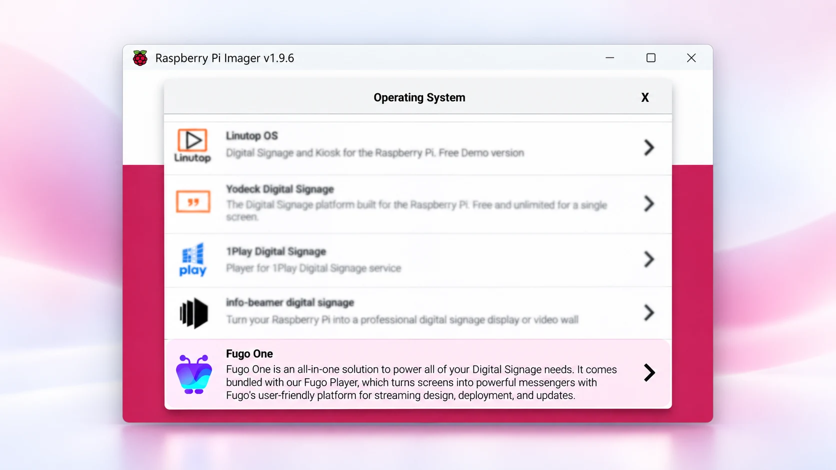 Raspberry Pi Imager showing Fugo One as an operating system option alongside other signage images