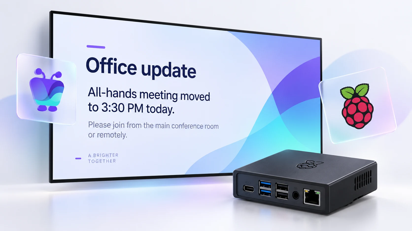 Raspberry Pi in front of a display showing an office update, with the Fugo and Raspberry Pi marks beside the screen