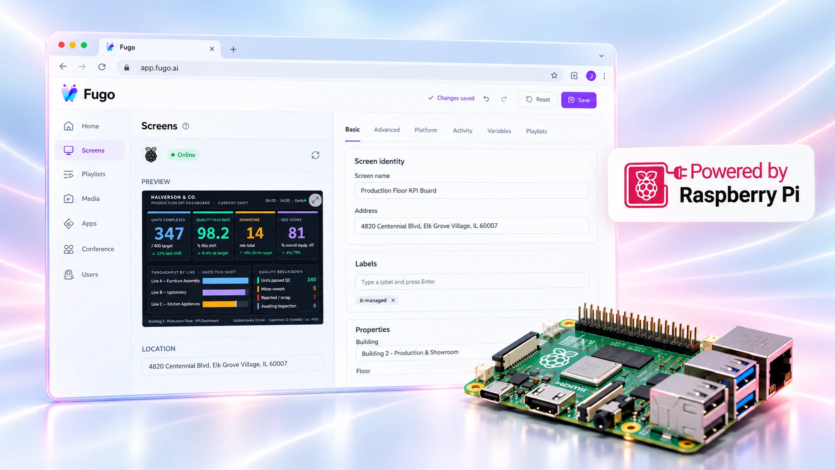 Fugo CMS screen settings next to a Raspberry Pi board and the Powered by Raspberry Pi badge