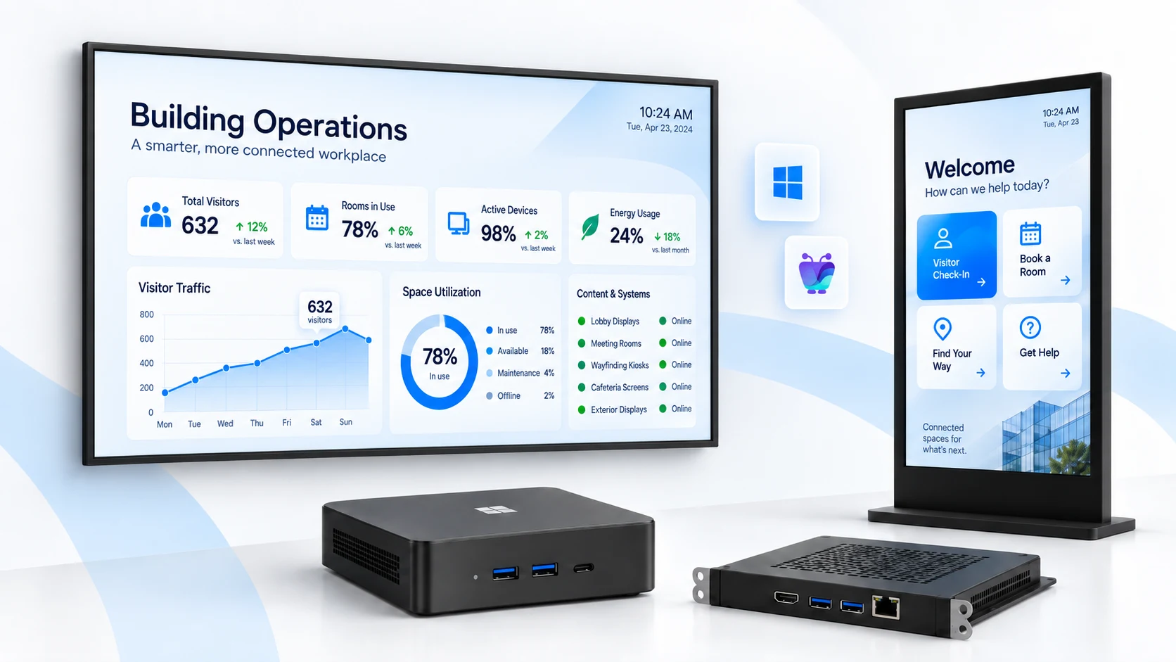 Windows digital signage screens in a modern workplace managed with Fugo