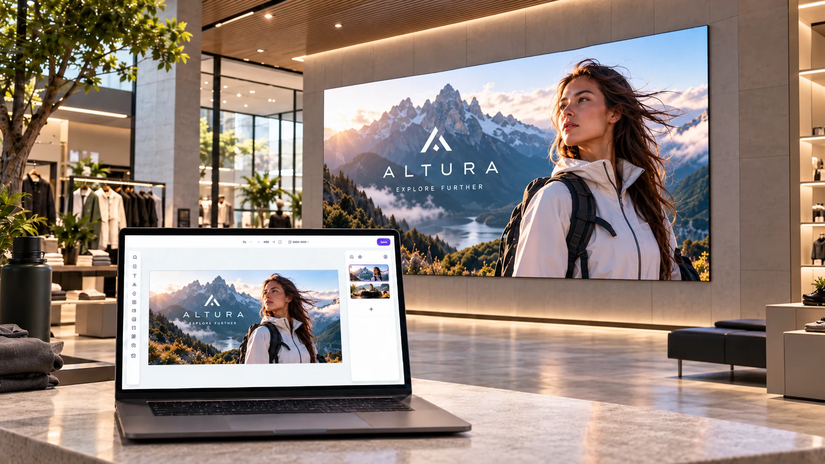 A laptop running Fugo Design Studio beside a large LED video wall in a retail store showing the same campaign