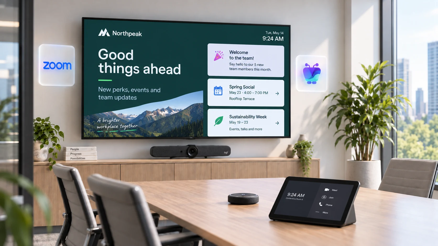 Zoom Room with a display showing workplace content beside Zoom room hardware