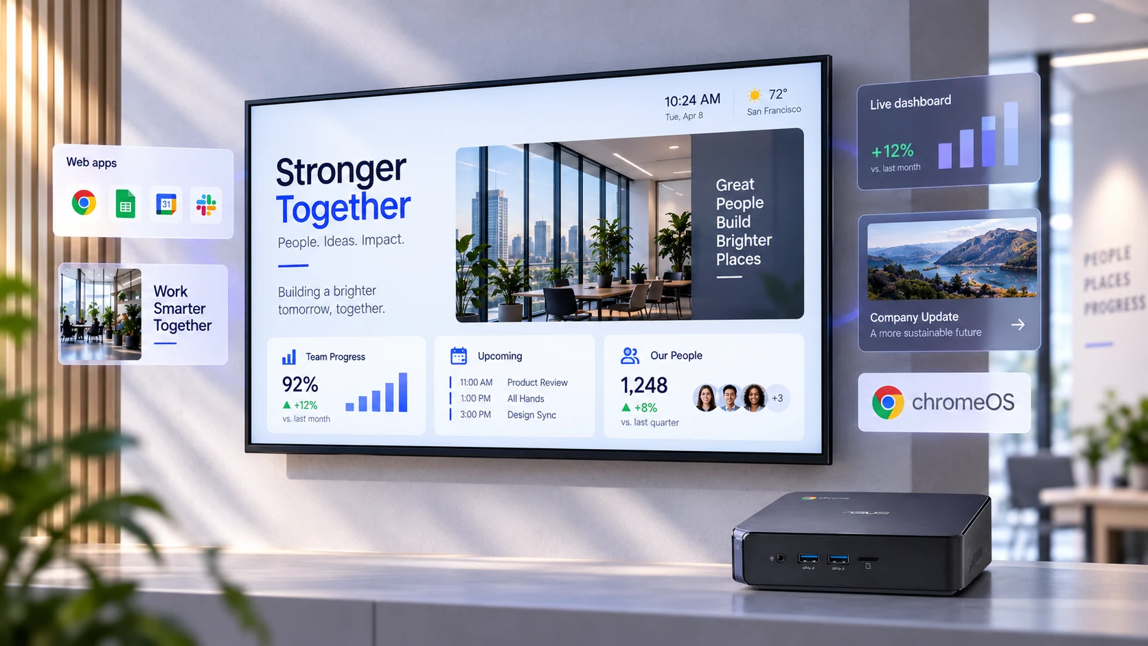 ChromeOS digital signage screens in a modern workplace managed with Fugo