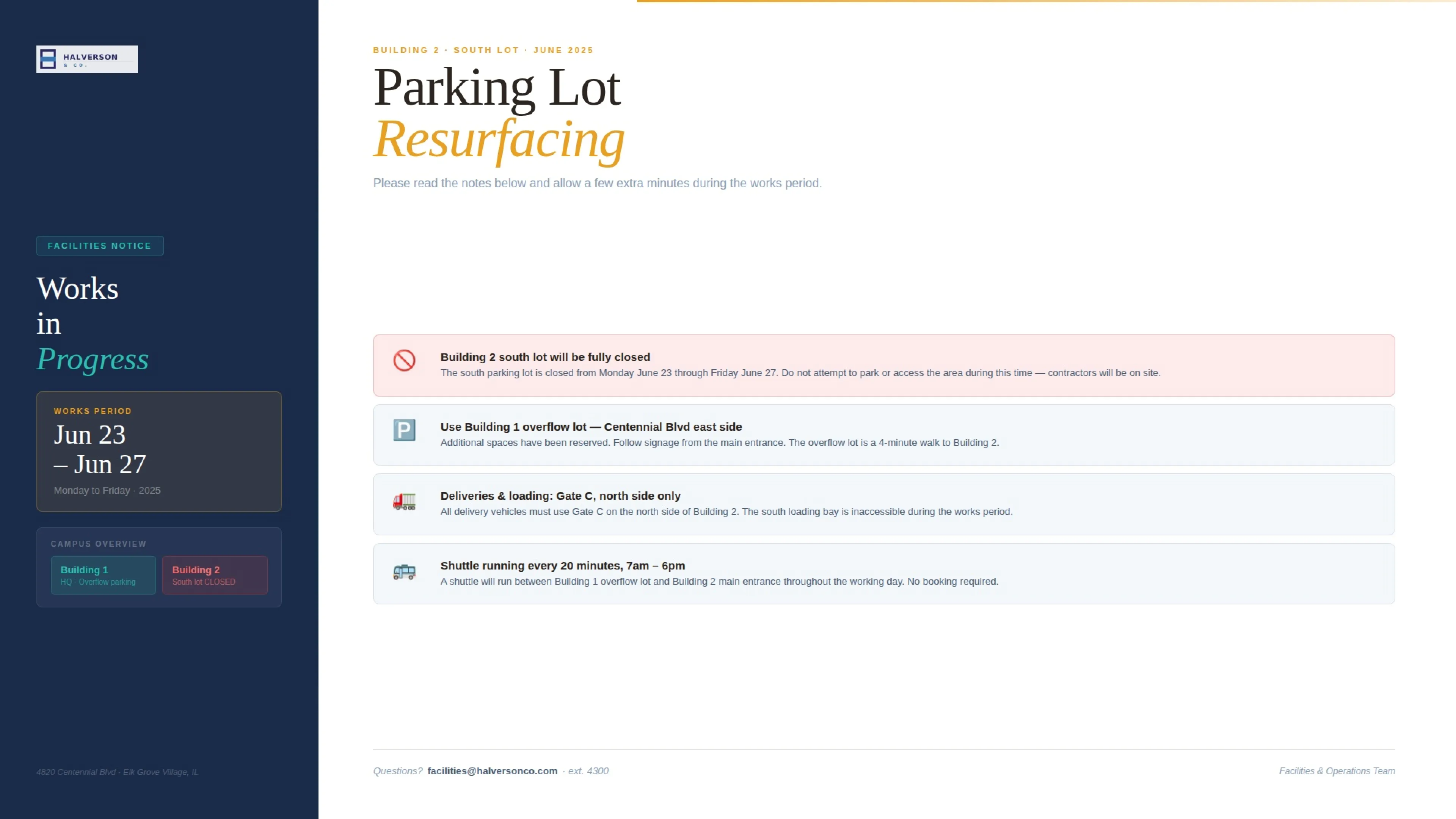 Facilities notice slide showing parking lot resurfacing details with a Fugo casting link bar at the bottom inviting anyone in the room to cast