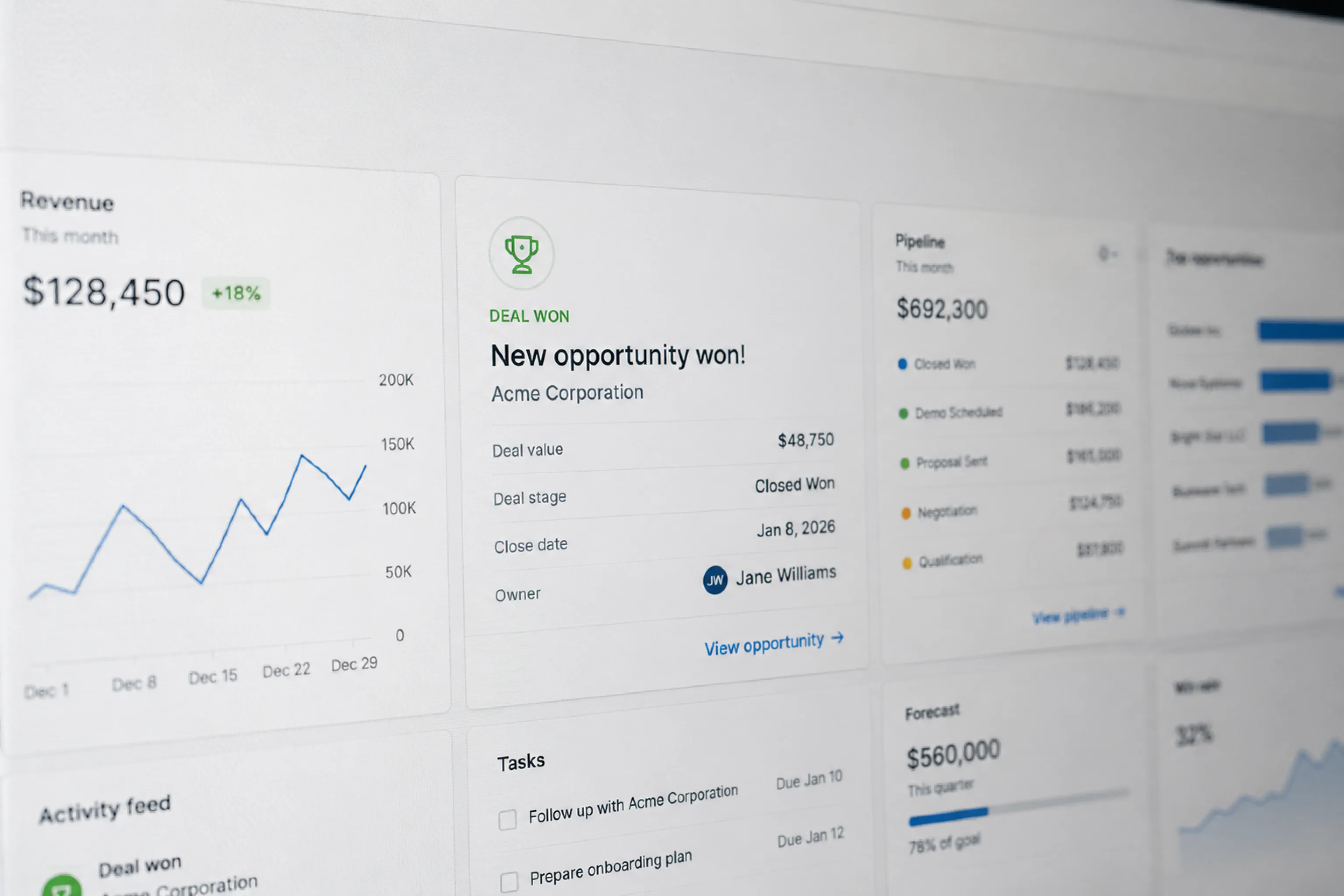 Perspective view of a sales CRM with a "Deal won — Acme Corporation" card amongst pipeline, forecast and activity feed widgets — wins like this stay trapped inside the tool