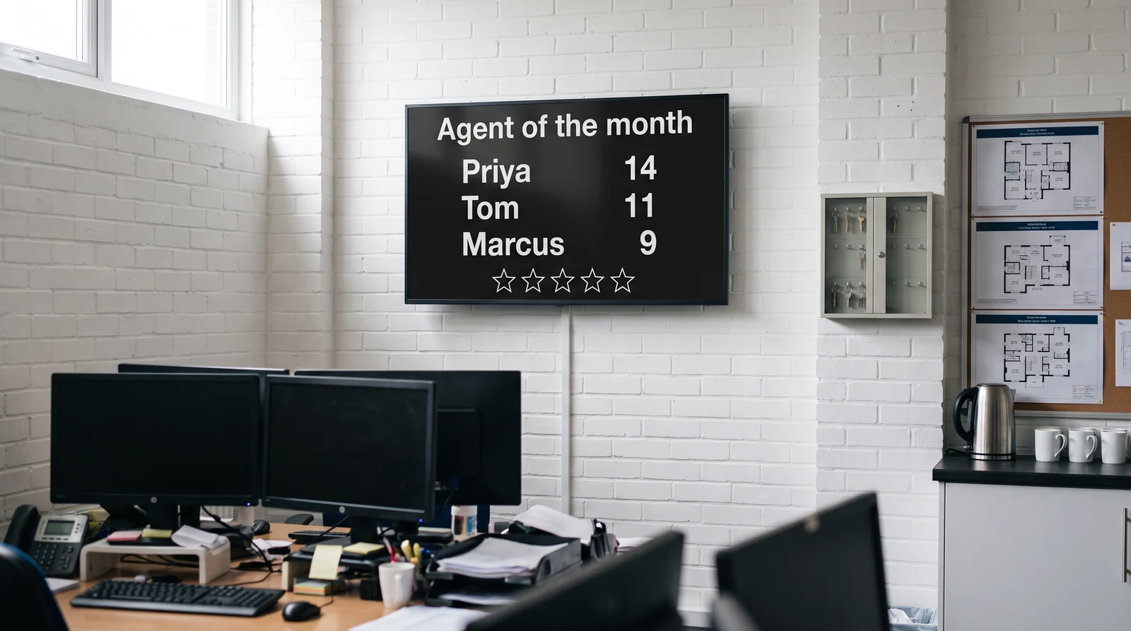 An agency back office with a wall screen showing live client performance metrics