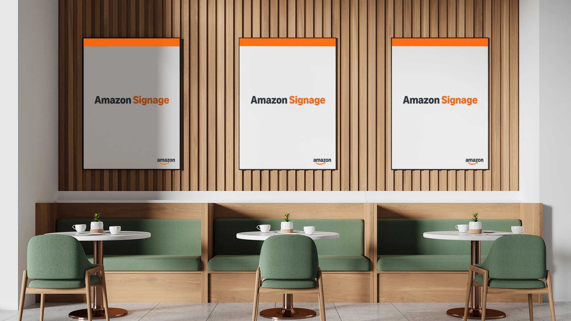 Multiple Amazon Signage Stick displays running synchronised content across a café