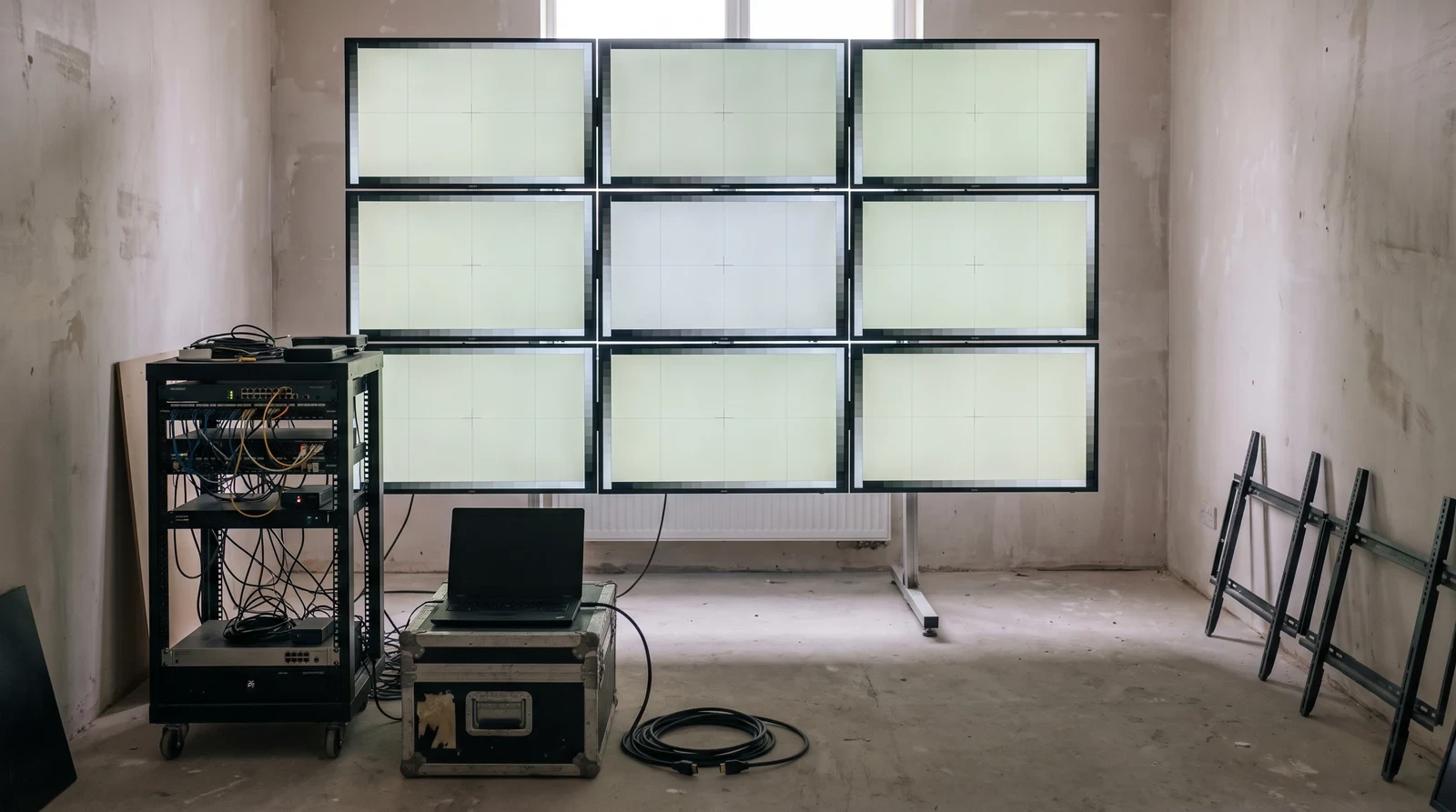 Technician commissioning a tiled video wall from a BrightSign-powered AV control room
