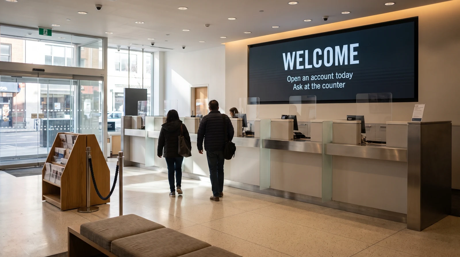 Bank branch banking hall with a large digital screen above the teller counters welcoming customers and promoting account opening